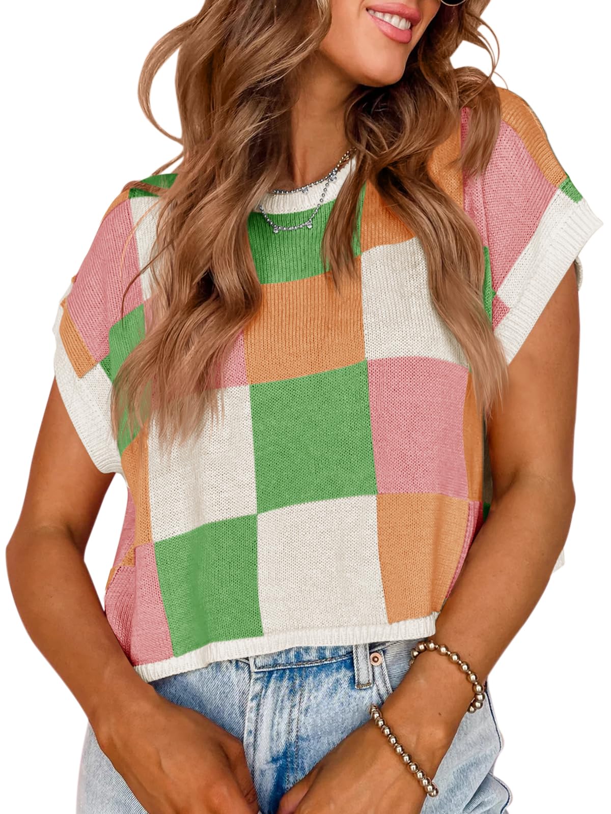 Saodimallsu Womens Cap Sleeve Crop Tops Summer Color Block Going Out Crew Neck Knit Trendy Casual Sweater