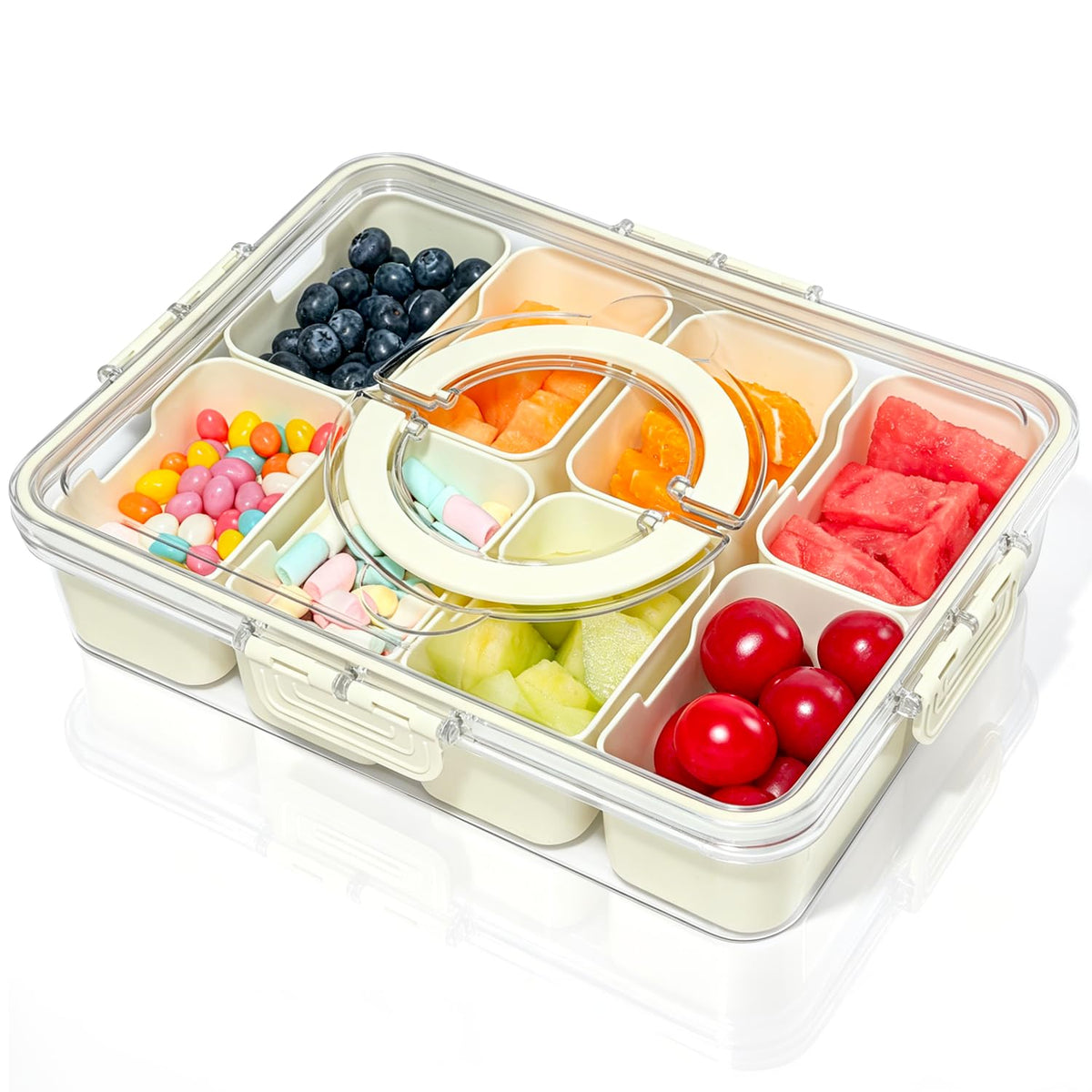 HRXFOZ Divided Serving Tray with Lid and Handle,8 Compartments Snacks Box,Snack Fruit and Veggie Tray,Portable Platter for Candy Fruits Nuts Snack Party Entertaining Picnic (1 PCS)