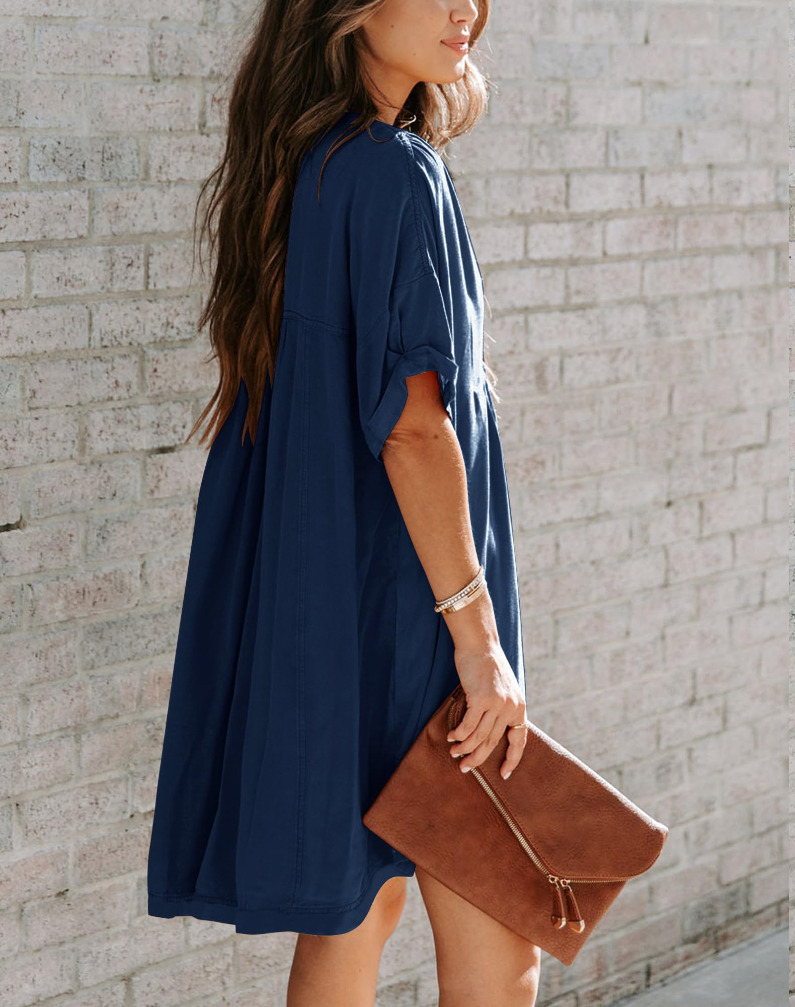 Minclouse Women's Babydoll Short Sleeve Tunic Dress V Neck Cute Casual Loose Dresses