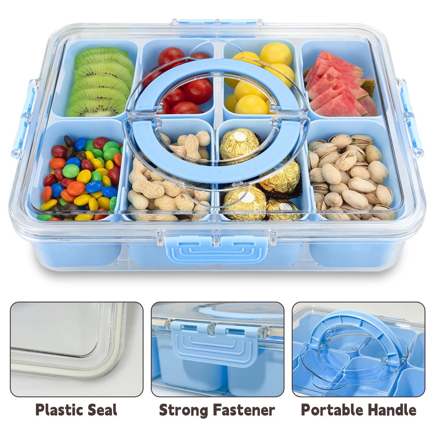 HRXFOZ Divided Serving Tray with Lid and Handle,8 Compartments Snacks Box,Snack Fruit and Veggie Tray,Portable Platter for Candy Fruits Nuts Snack Party Entertaining Picnic (1 PCS)