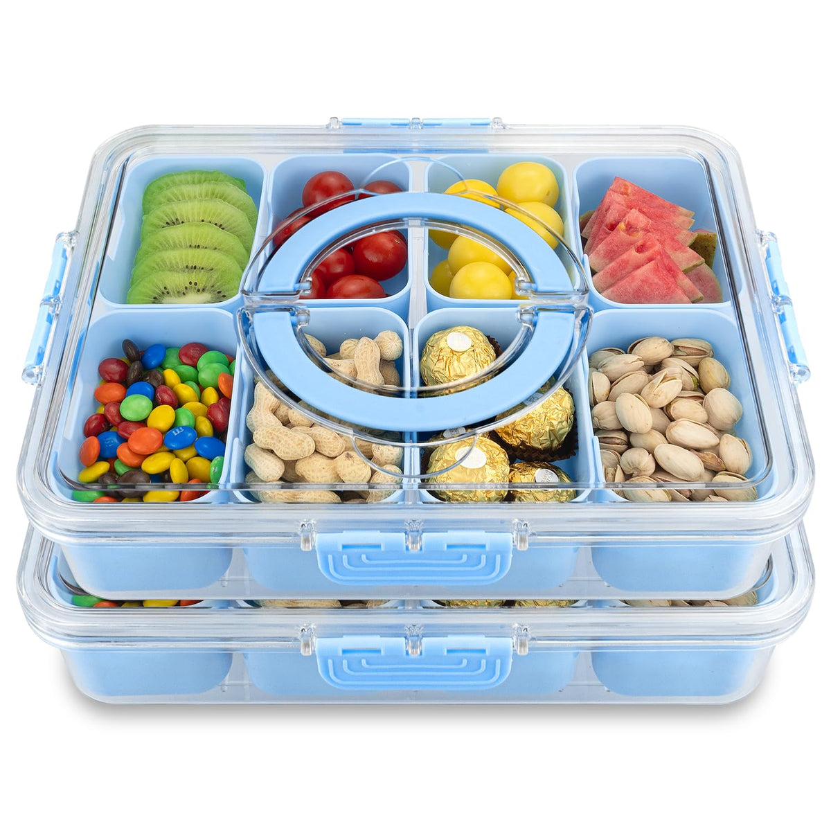 HRXFOZ Divided Serving Tray with Lid and Handle,8 Compartments Snacks Box,Snack Fruit and Veggie Tray,Portable Platter for Candy Fruits Nuts Snack Party Entertaining Picnic (1 PCS)
