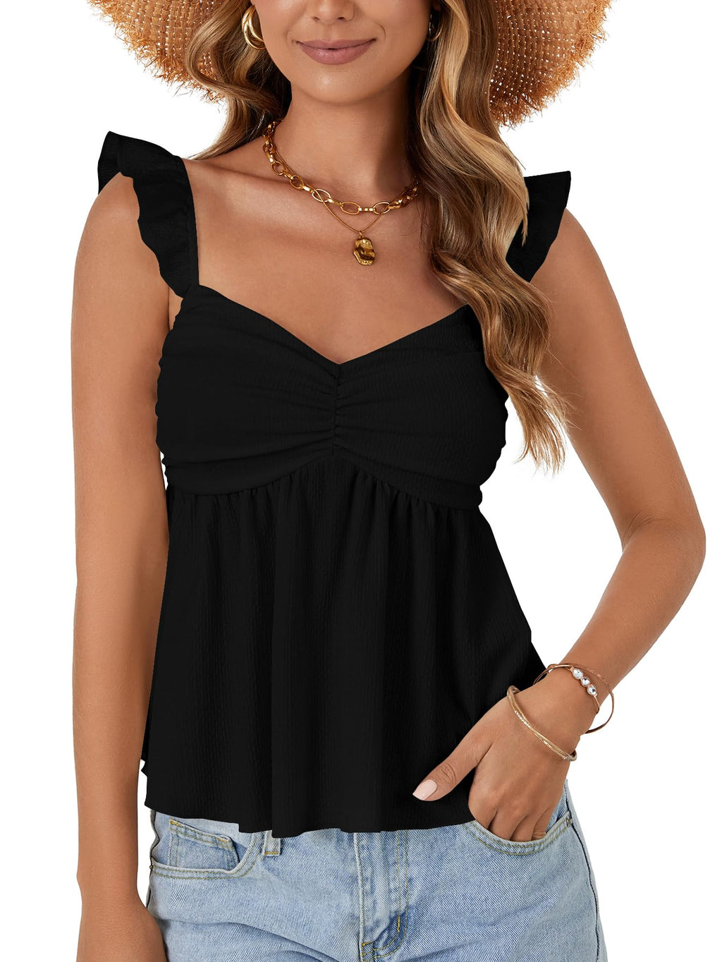 LYANER Women's Babydoll Tank Top Summer Camisole Dressy Casual Ruffle Strap Sleeveless Flowy Hem Peplum Tops