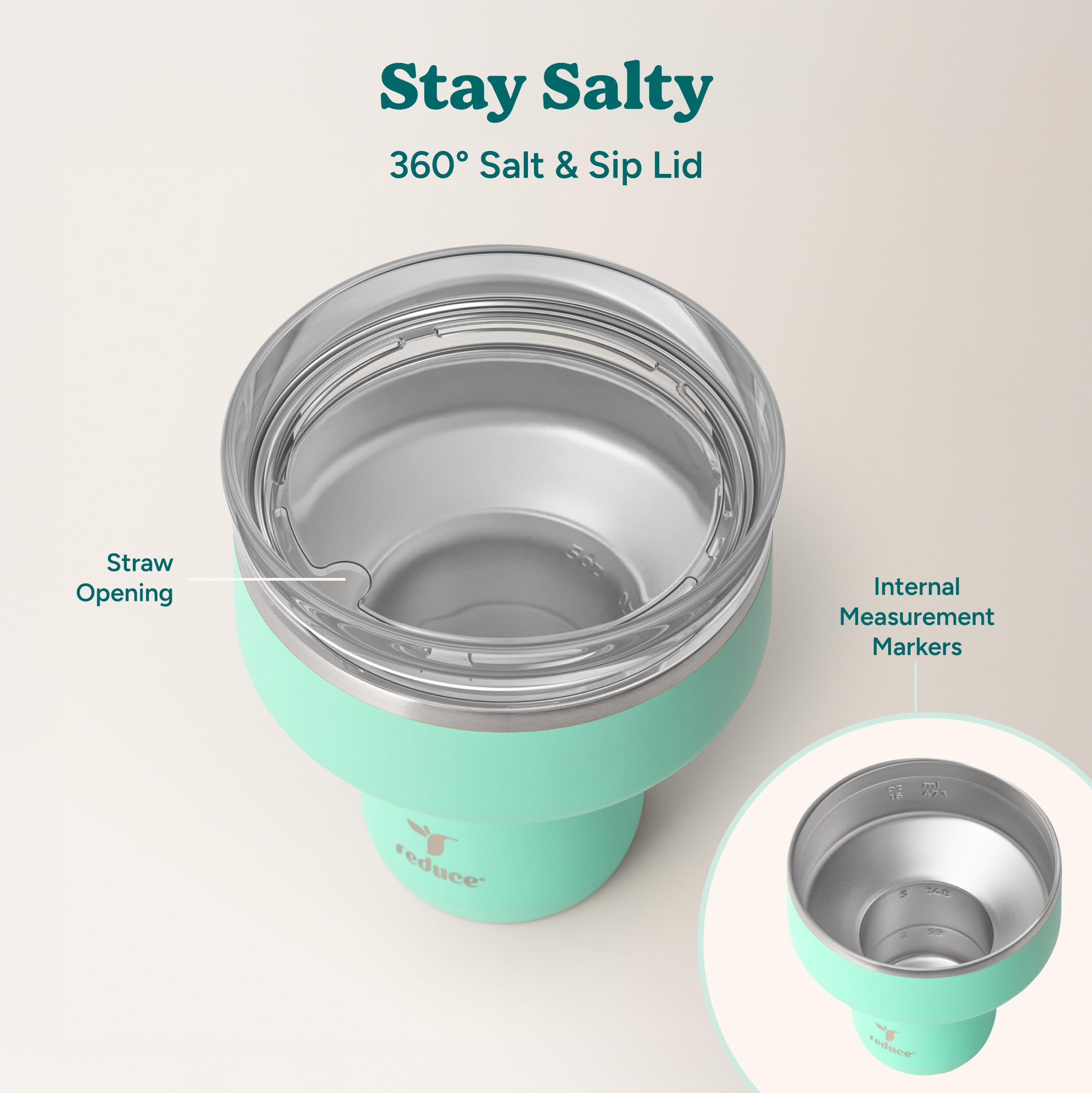 REDUCE Saltini 16 oz Cocktail Tumbler - Insulated Margarita Tumbler with Lid - Keeps Drinks Cold for 10 Hours - 360 Sippable Martini Glass Alternative - Shatterproof, Perfect for Parties - Daiquiri