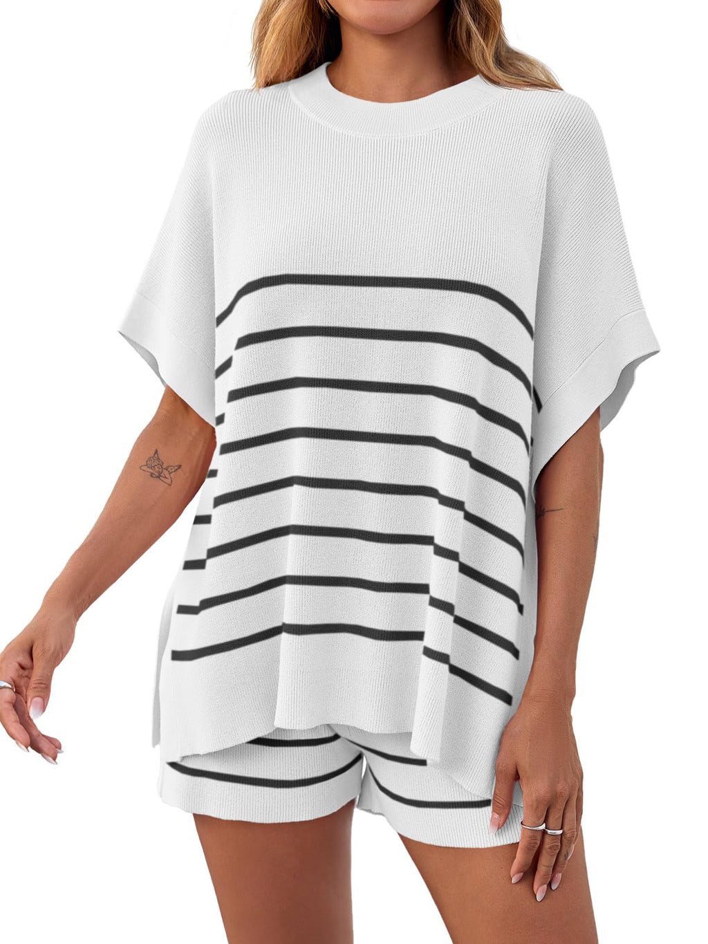 Fisoew Women's Striped 2 Piece Outfits Oversized Batwing Short Sleeve Tops High Waisted Shorts Summer Knit Lounge Short Sets