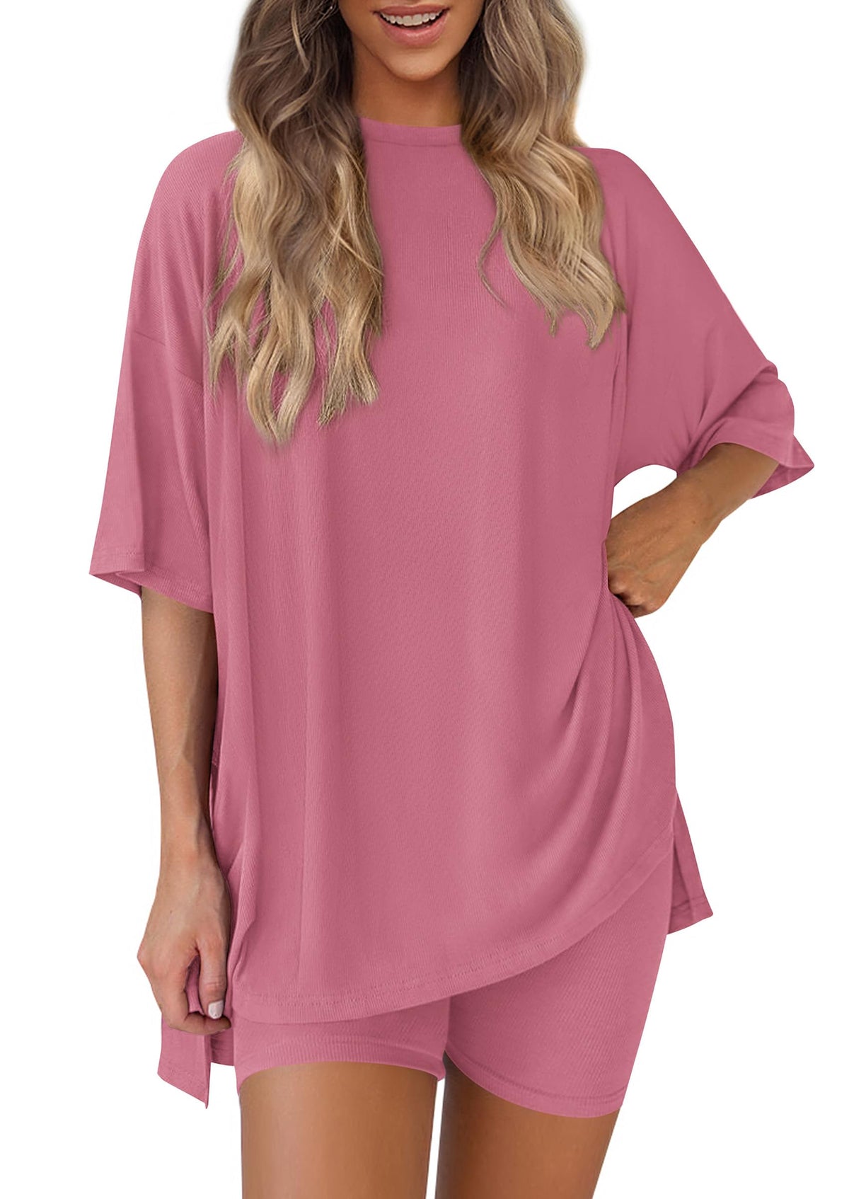 PRETTYGARDEN Women 2 Piece Lounge Set 2026 Summer Casual Oversized Shirts Biker Shorts Matching Airport Travel Outfit Clothes
