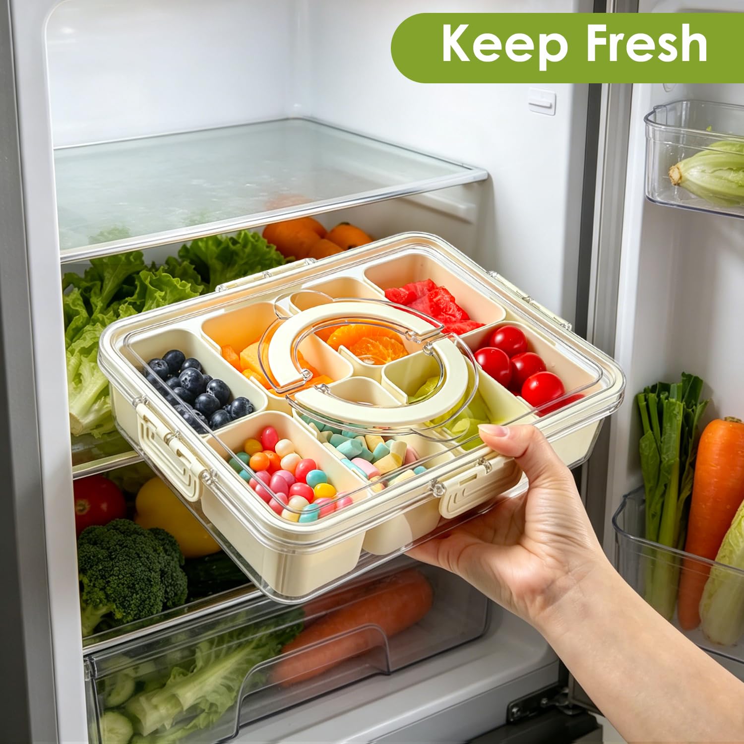 HRXFOZ Divided Serving Tray with Lid and Handle,8 Compartments Snacks Box,Snack Fruit and Veggie Tray,Portable Platter for Candy Fruits Nuts Snack Party Entertaining Picnic (1 PCS)