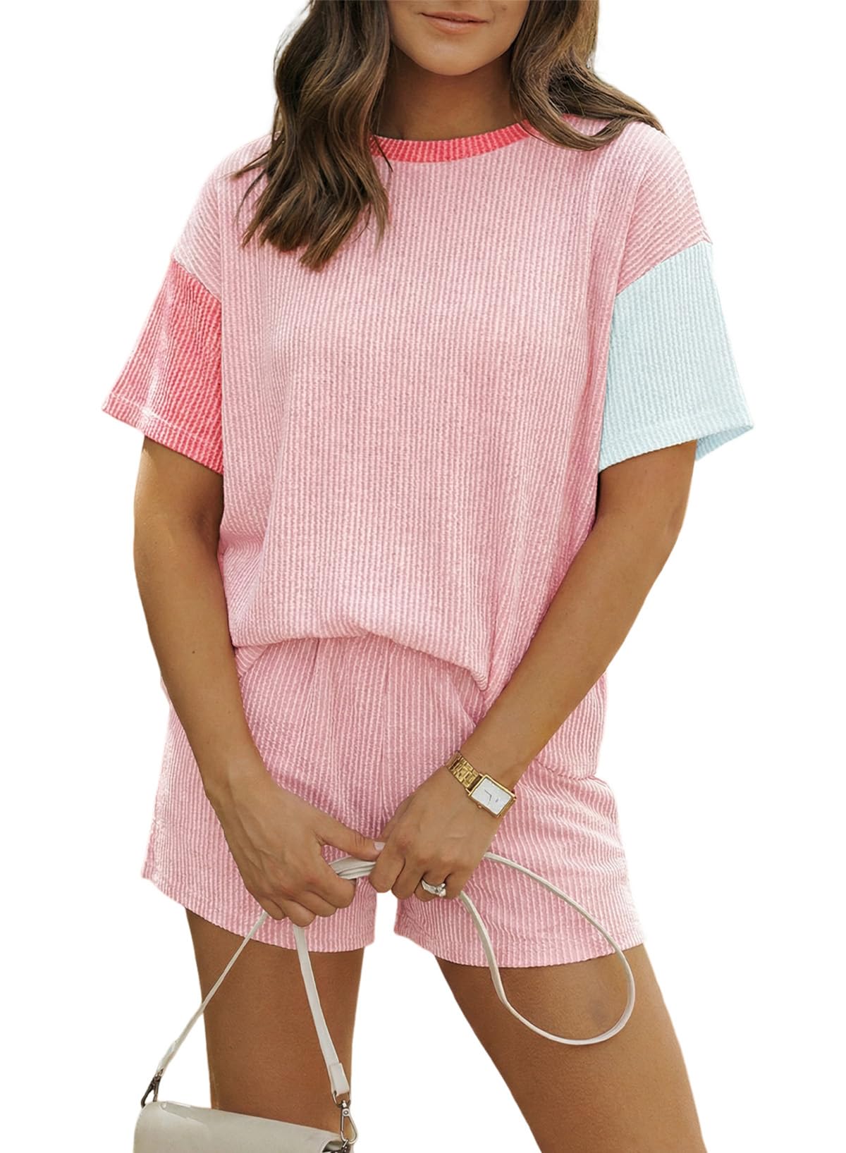 MARZXIN Women 2 Piece Shorts Set 2026 Casual Summer Cruise Outfits Ribbed Loose Short Sleeve Pocket Matching Lounge Sets