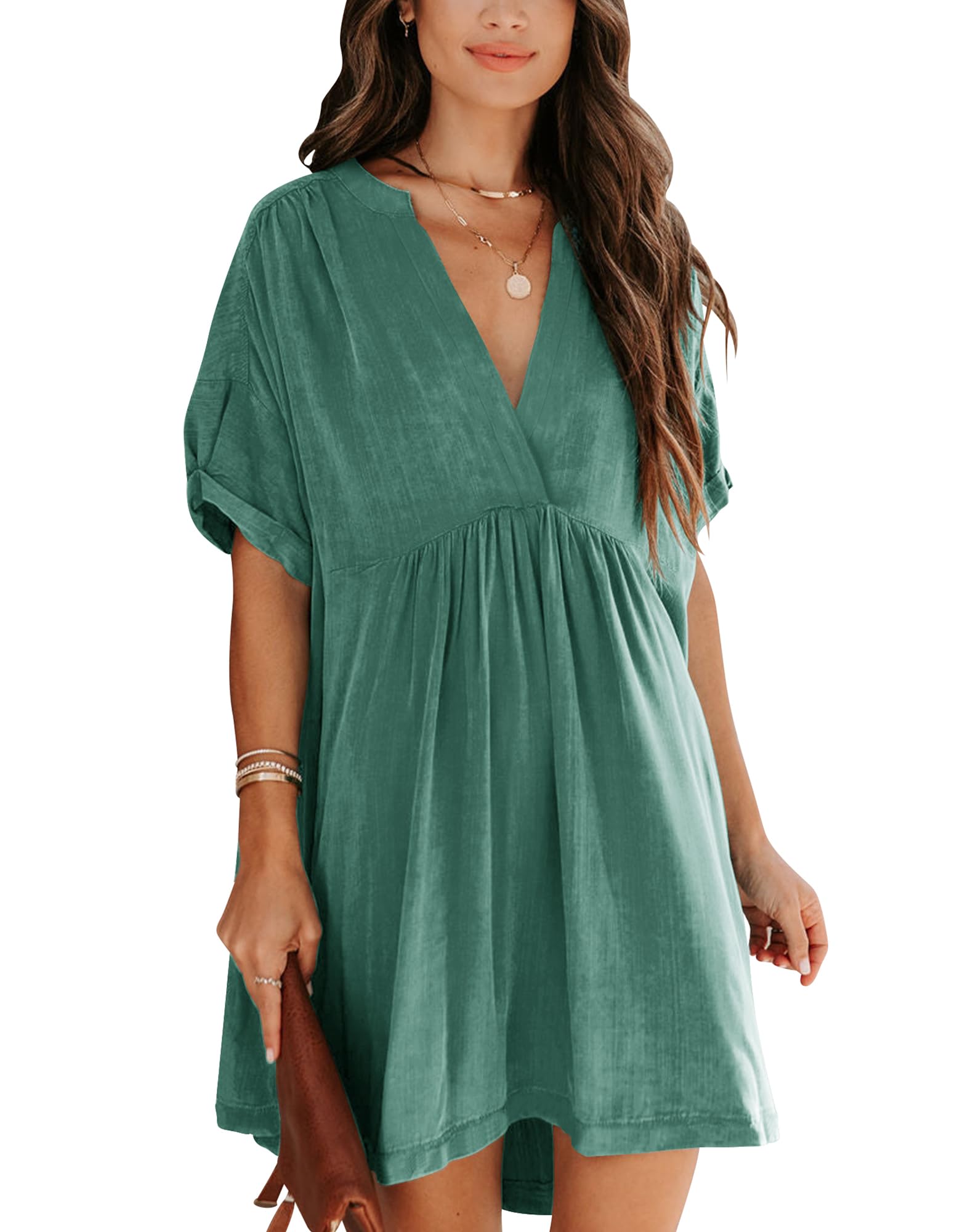 Minclouse Women's Babydoll Short Sleeve Tunic Dress V Neck Cute Casual Loose Dresses