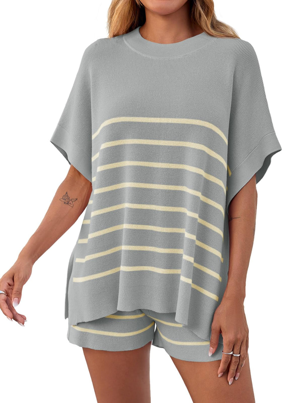 Fisoew Women's Striped 2 Piece Outfits Oversized Batwing Short Sleeve Tops High Waisted Shorts Summer Knit Lounge Short Sets