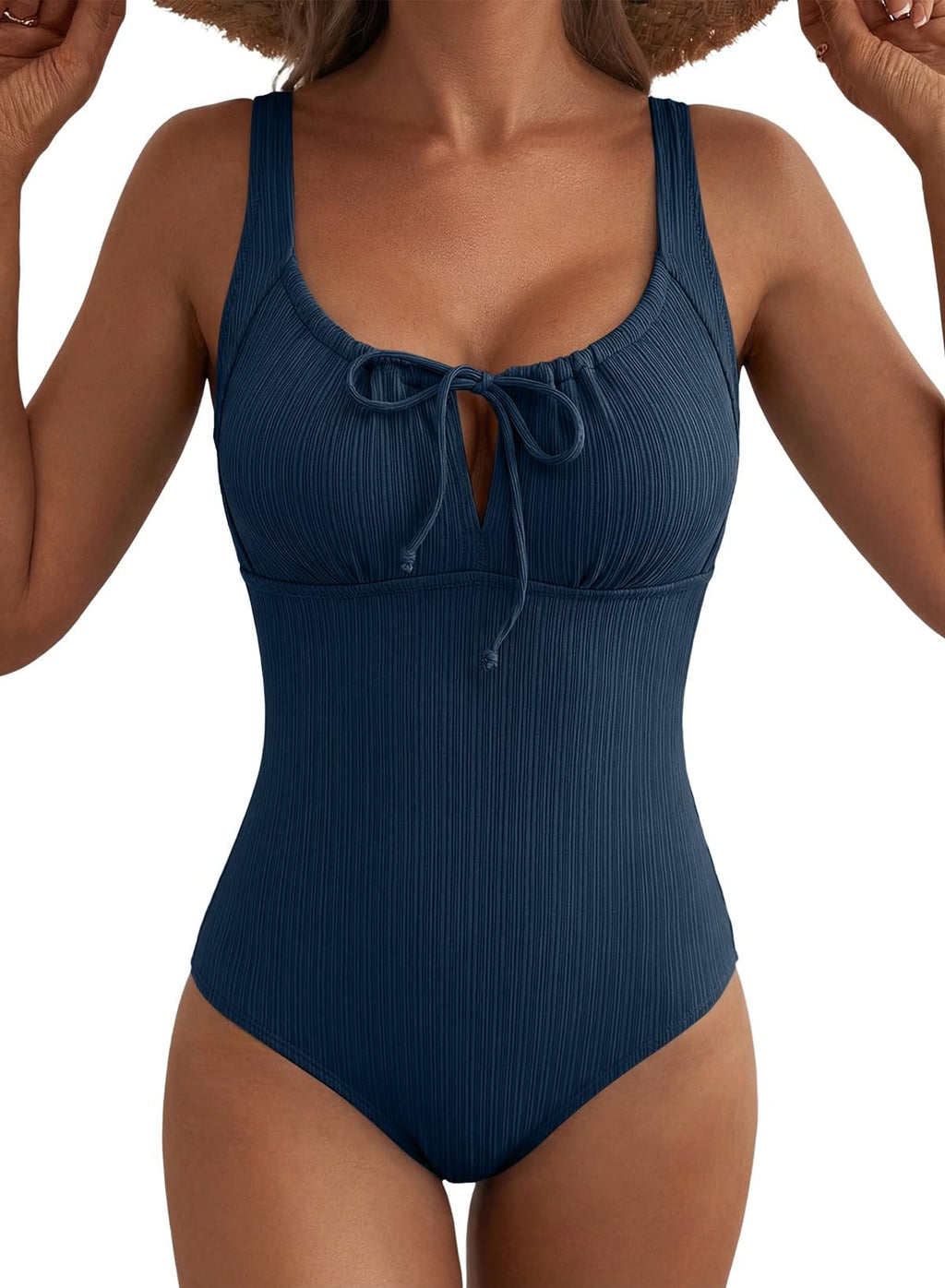 Aleumdr Womens Textured One Piece Swimsuit Tummy Control Bathing Suit Tie Knot Cutout Swimwear