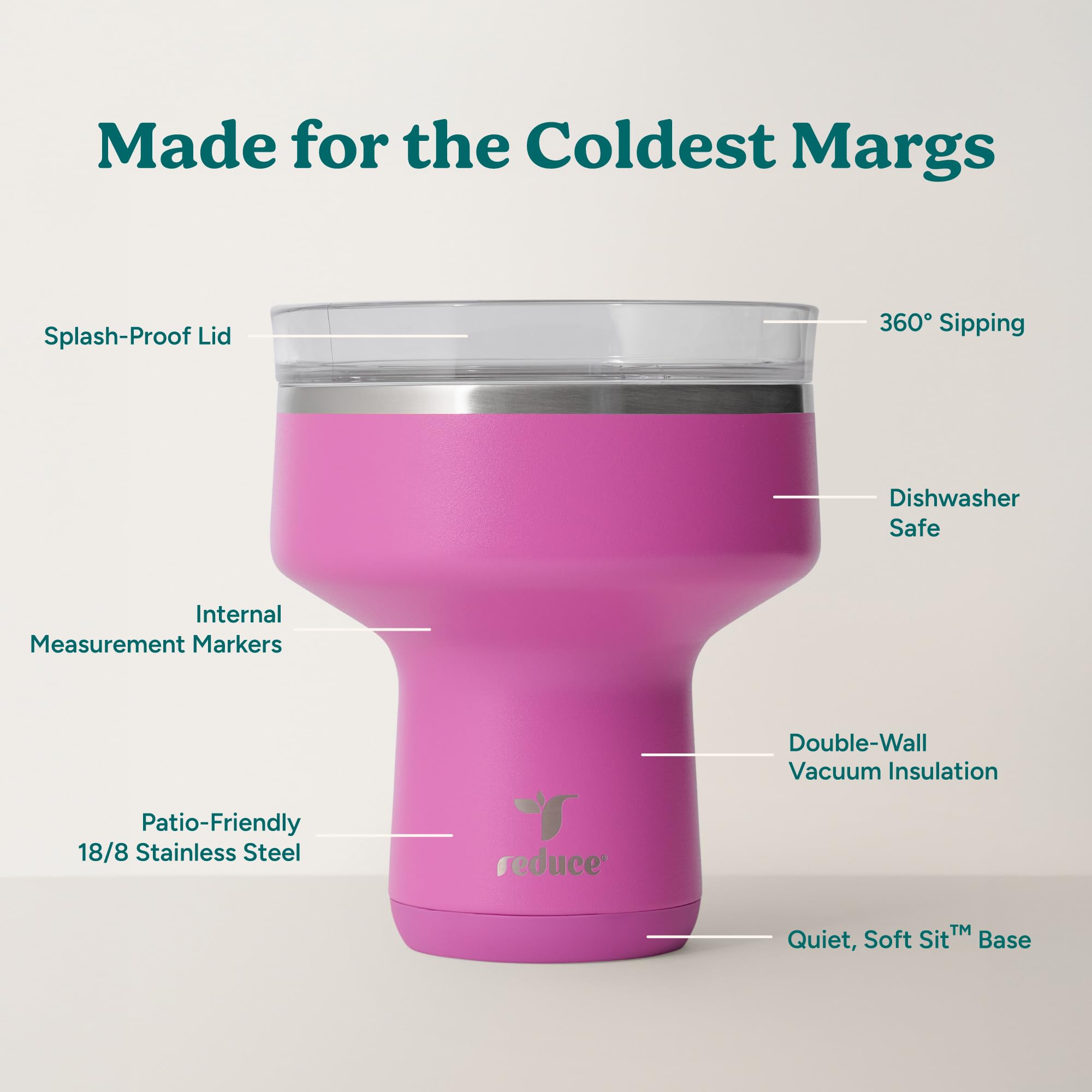 REDUCE Saltini 16 oz Cocktail Tumbler - Insulated Margarita Tumbler with Lid - Keeps Drinks Cold for 10 Hours - 360 Sippable Martini Glass Alternative - Shatterproof, Perfect for Parties - Daiquiri