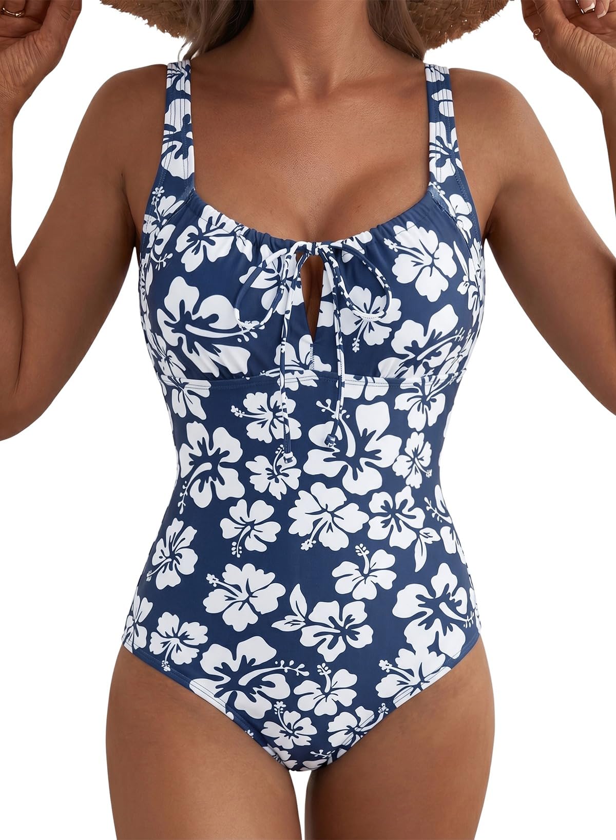 Aleumdr Womens Textured One Piece Swimsuit Tummy Control Bathing Suit Tie Knot Cutout Swimwear
