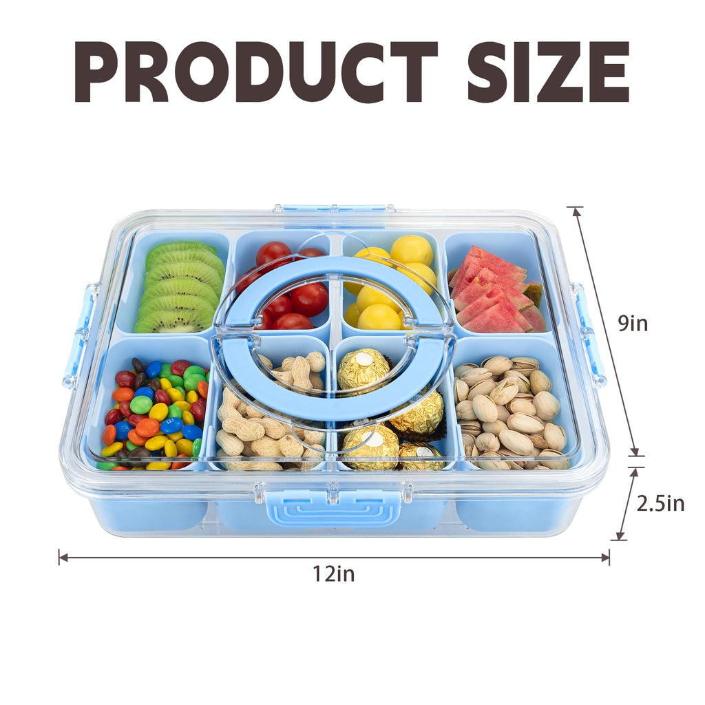 HRXFOZ Divided Serving Tray with Lid and Handle,8 Compartments Snacks Box,Snack Fruit and Veggie Tray,Portable Platter for Candy Fruits Nuts Snack Party Entertaining Picnic (1 PCS)