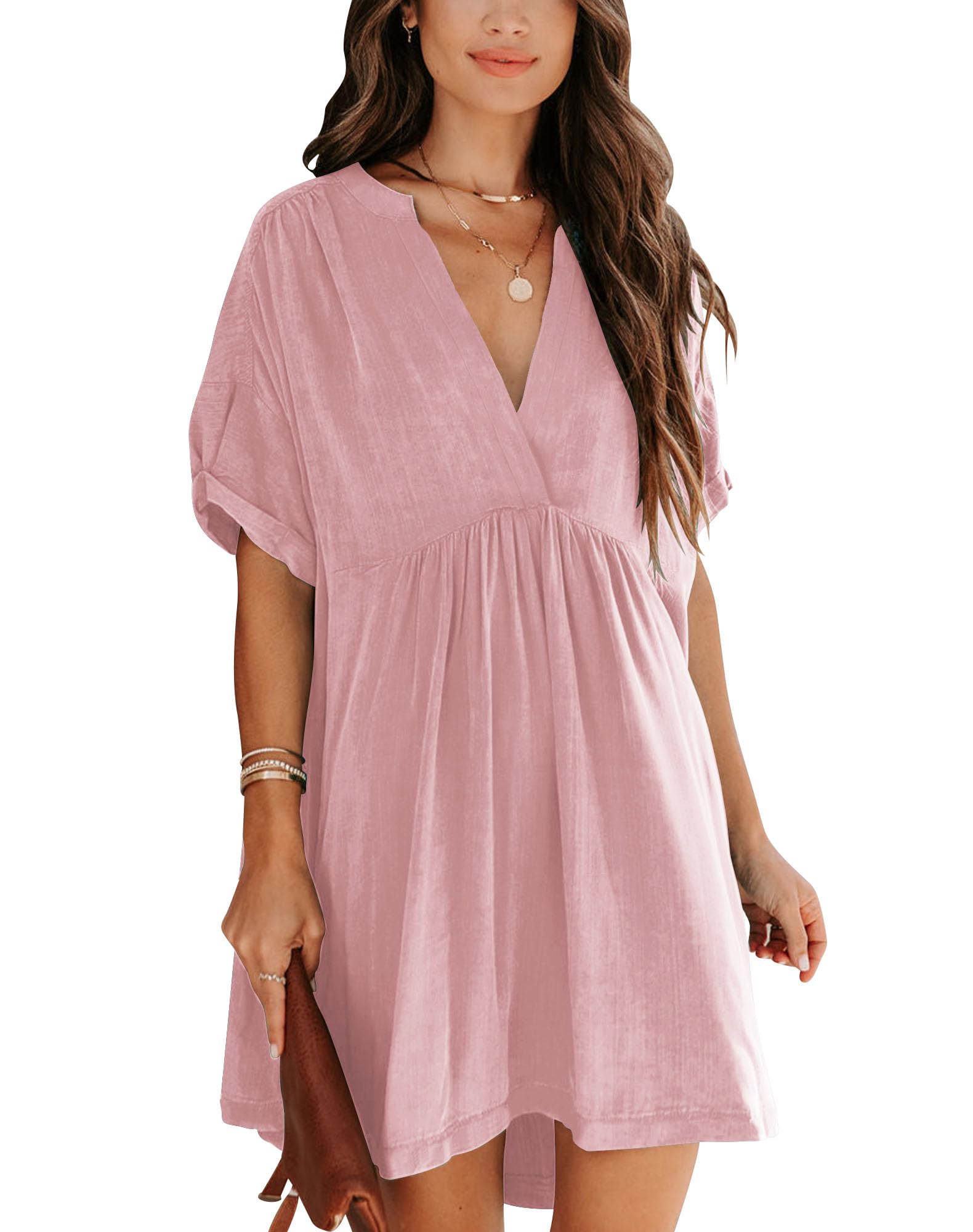 Minclouse Women's Babydoll Short Sleeve Tunic Dress V Neck Cute Casual Loose Dresses