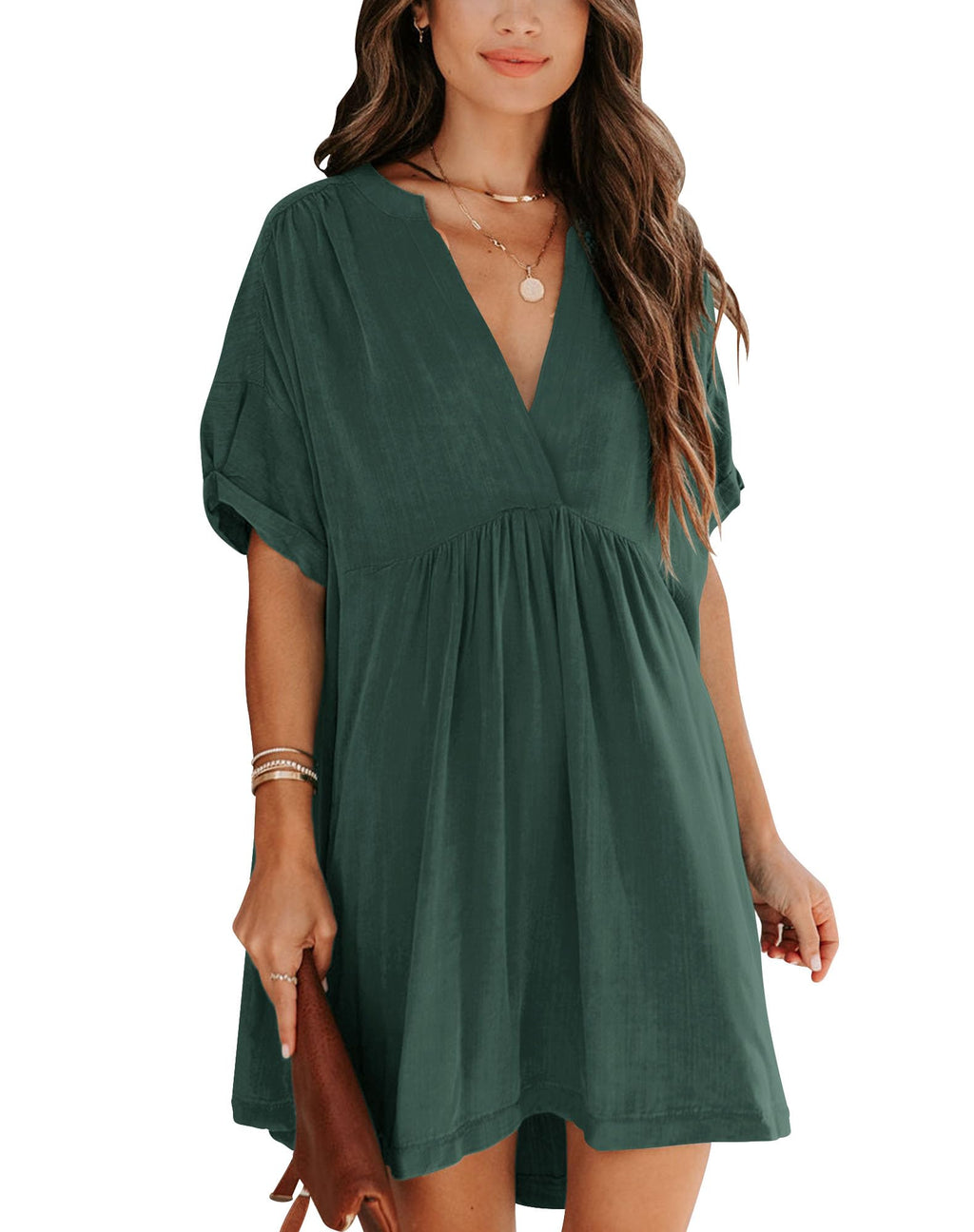 Minclouse Women's Babydoll Short Sleeve Tunic Dress V Neck Cute Casual Loose Dresses