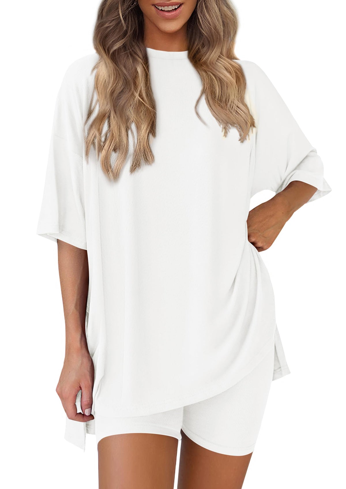 PRETTYGARDEN Women 2 Piece Lounge Set 2026 Summer Casual Oversized Shirts Biker Shorts Matching Airport Travel Outfit Clothes
