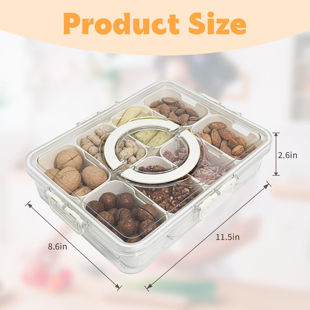 HRXFOZ Divided Serving Tray with Lid and Handle,8 Compartments Snacks Box,Snack Fruit and Veggie Tray,Portable Platter for Candy Fruits Nuts Snack Party Entertaining Picnic (1 PCS)