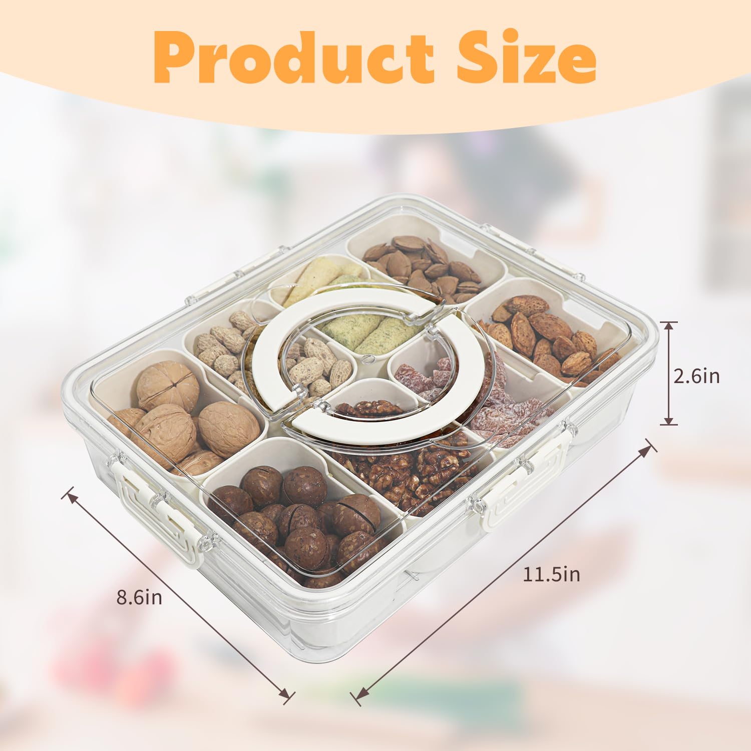 HRXFOZ Divided Serving Tray with Lid and Handle,8 Compartments Snacks Box,Snack Fruit and Veggie Tray,Portable Platter for Candy Fruits Nuts Snack Party Entertaining Picnic (1 PCS)