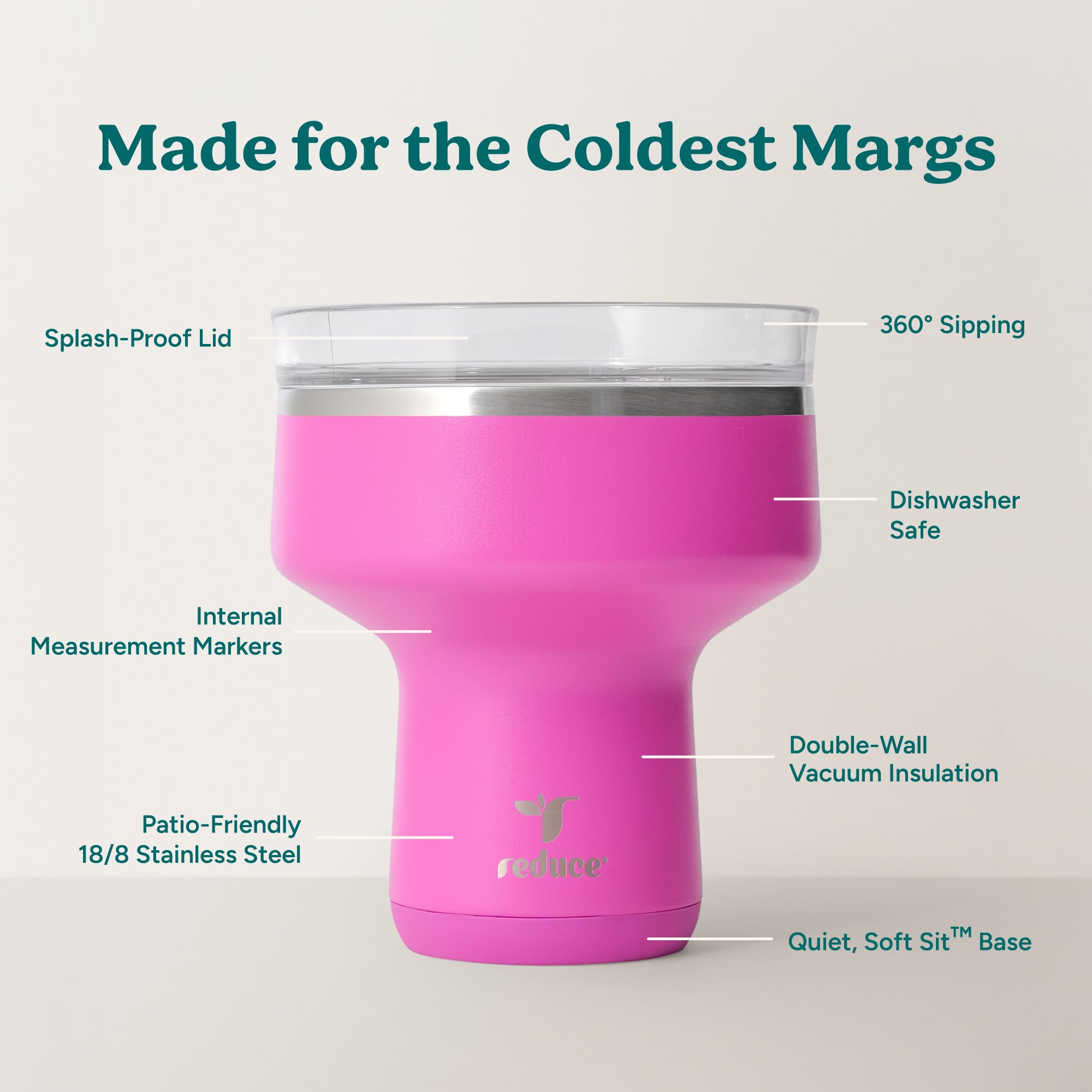 REDUCE Saltini 16 oz Cocktail Tumbler - Insulated Margarita Tumbler with Lid - Keeps Drinks Cold for 10 Hours - 360 Sippable Martini Glass Alternative - Shatterproof, Perfect for Parties - Daiquiri