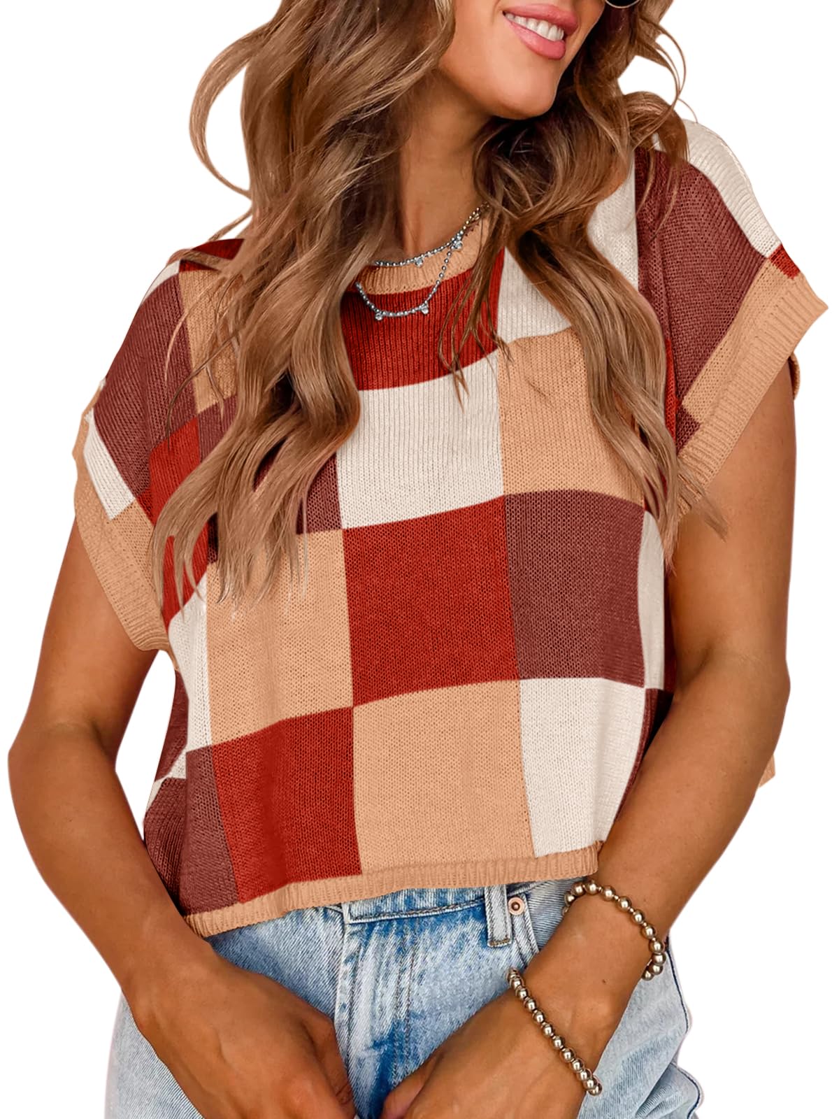 Saodimallsu Womens Cap Sleeve Crop Tops Summer Color Block Going Out Crew Neck Knit Trendy Casual Sweater