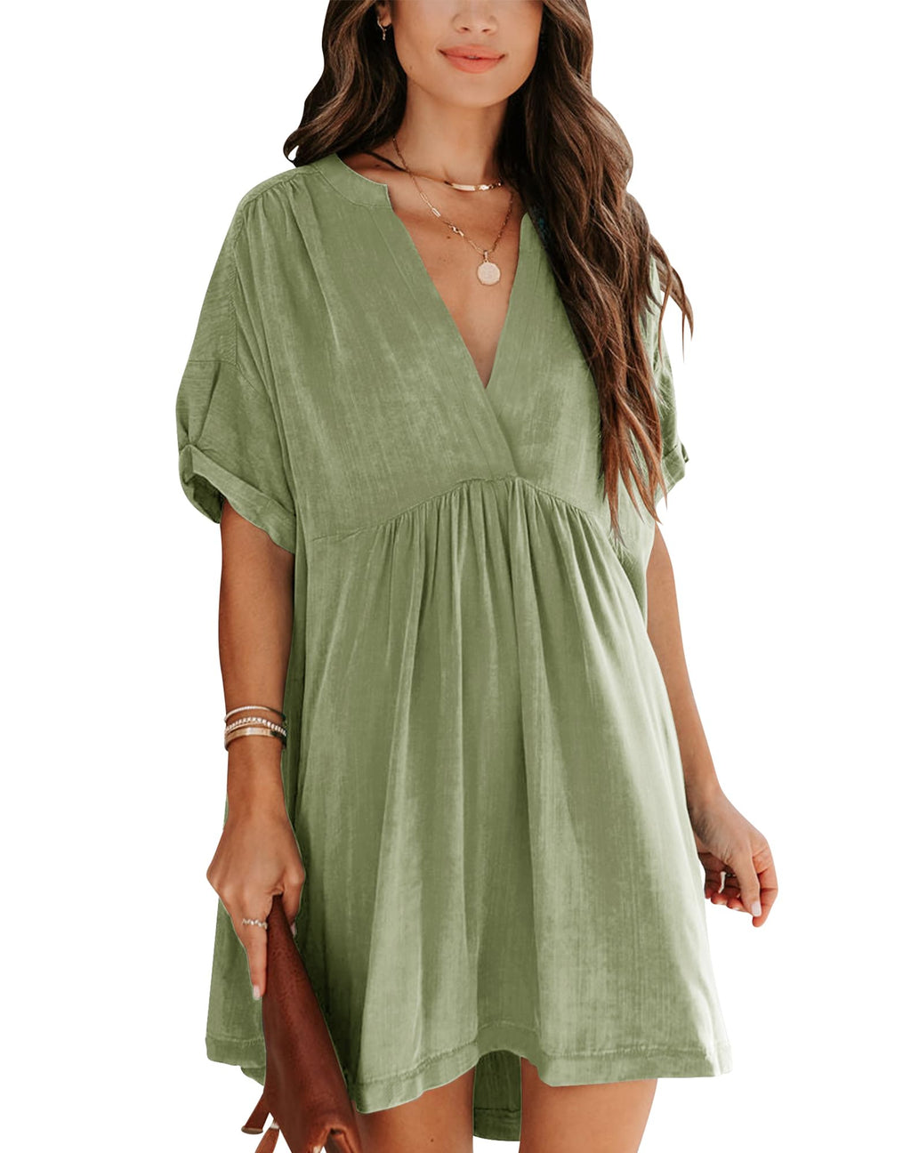 Minclouse Women's Babydoll Short Sleeve Tunic Dress V Neck Cute Casual Loose Dresses