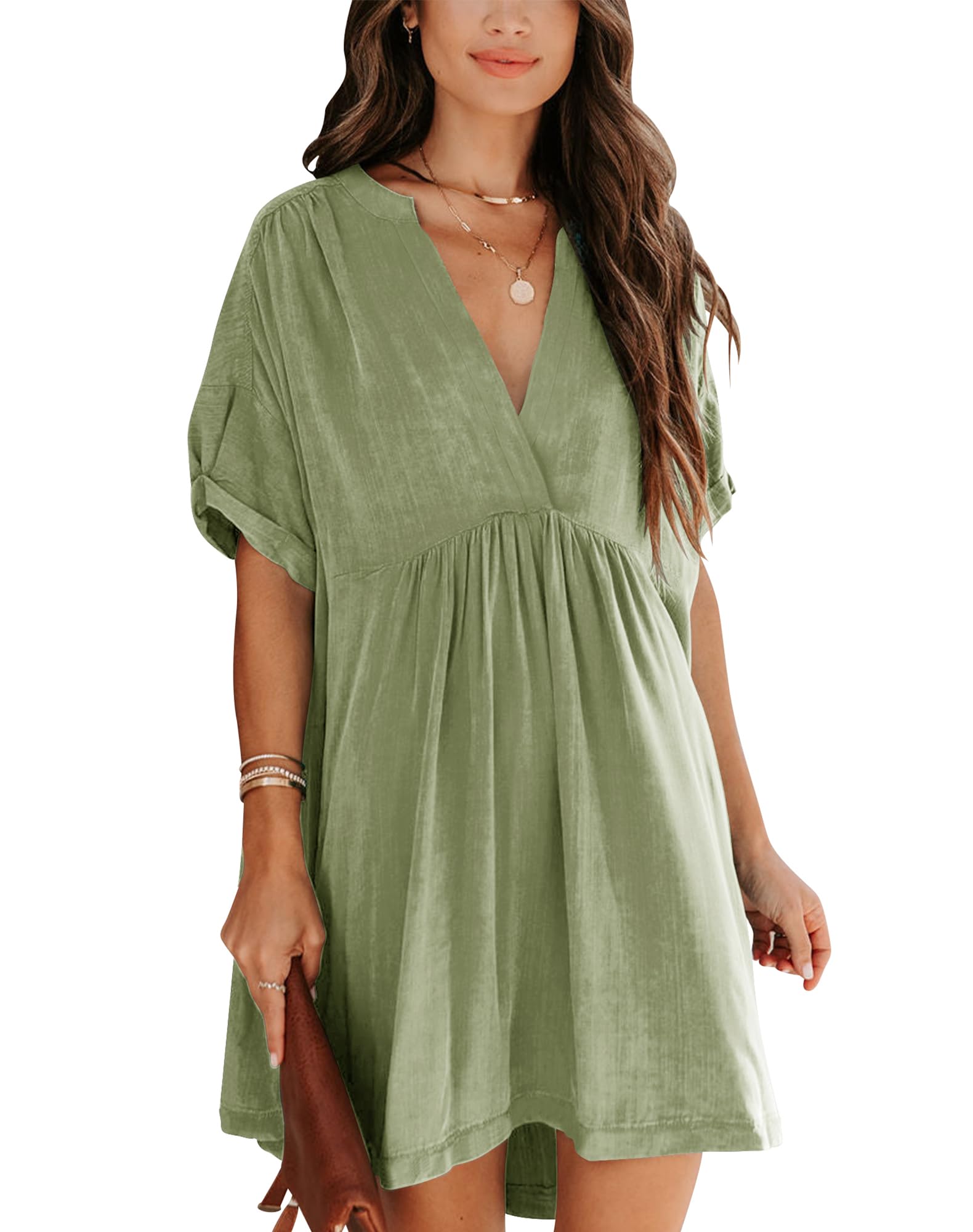 Minclouse Women's Babydoll Short Sleeve Tunic Dress V Neck Cute Casual Loose Dresses