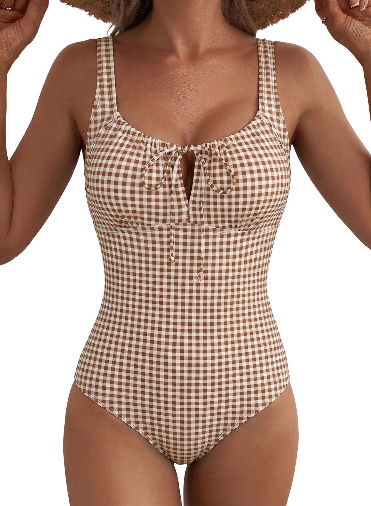 Aleumdr Womens Textured One Piece Swimsuit Tummy Control Bathing Suit Tie Knot Cutout Swimwear