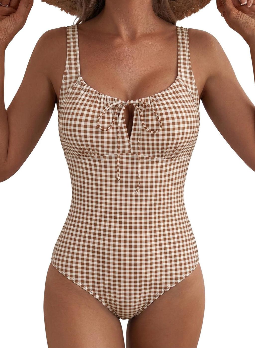 Aleumdr Womens Textured One Piece Swimsuit Tummy Control Bathing Suit Tie Knot Cutout Swimwear