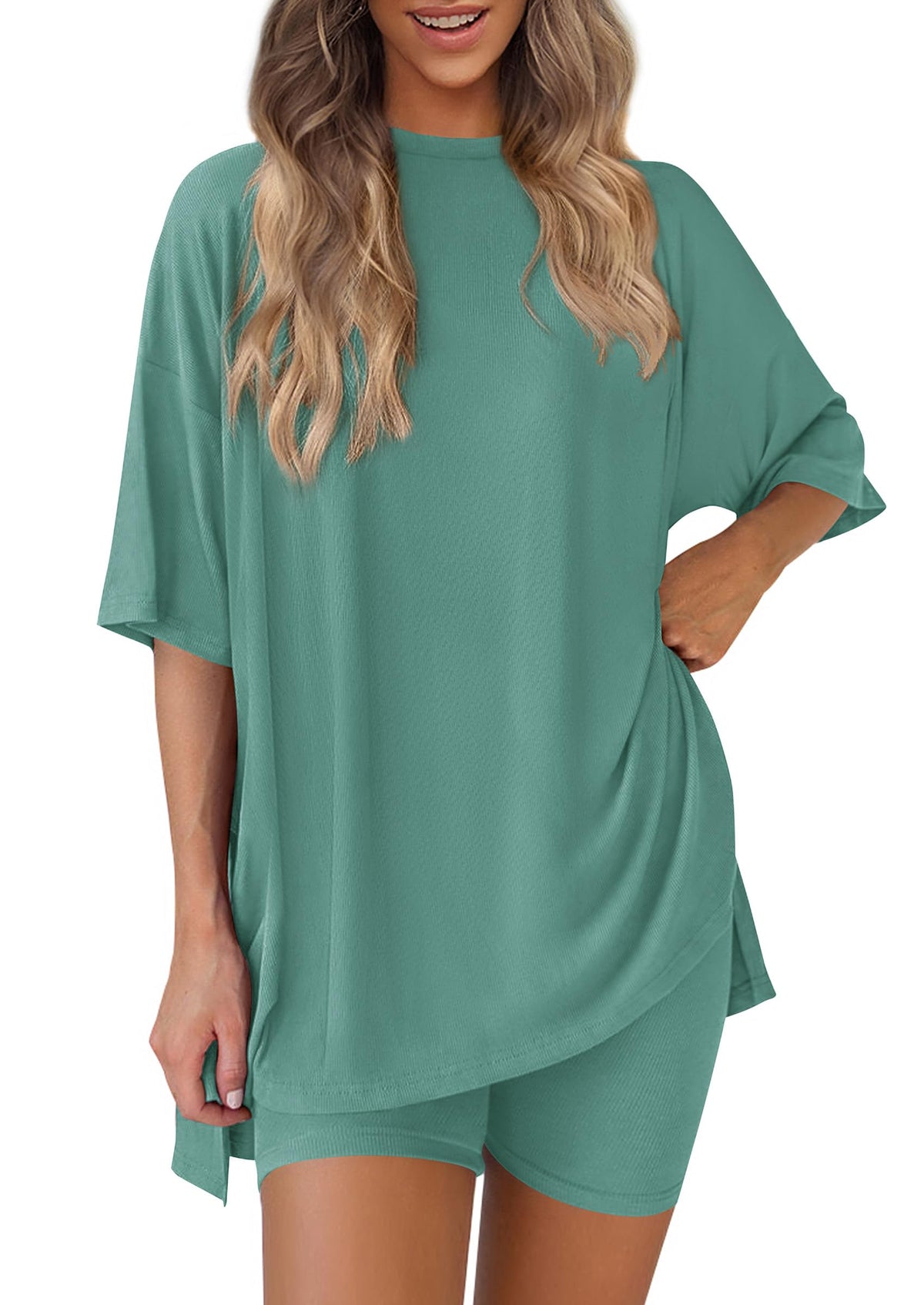 PRETTYGARDEN Women 2 Piece Lounge Set 2026 Summer Casual Oversized Shirts Biker Shorts Matching Airport Travel Outfit Clothes