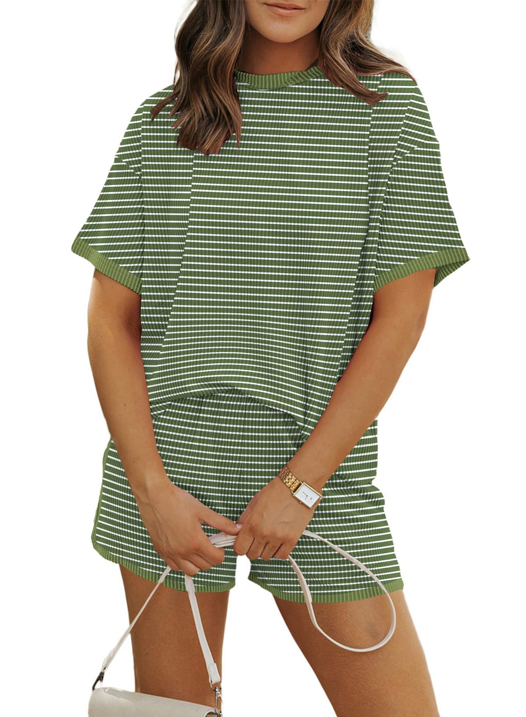 MARZXIN Women 2 Piece Shorts Set 2026 Casual Summer Cruise Outfits Ribbed Loose Short Sleeve Pocket Matching Lounge Sets