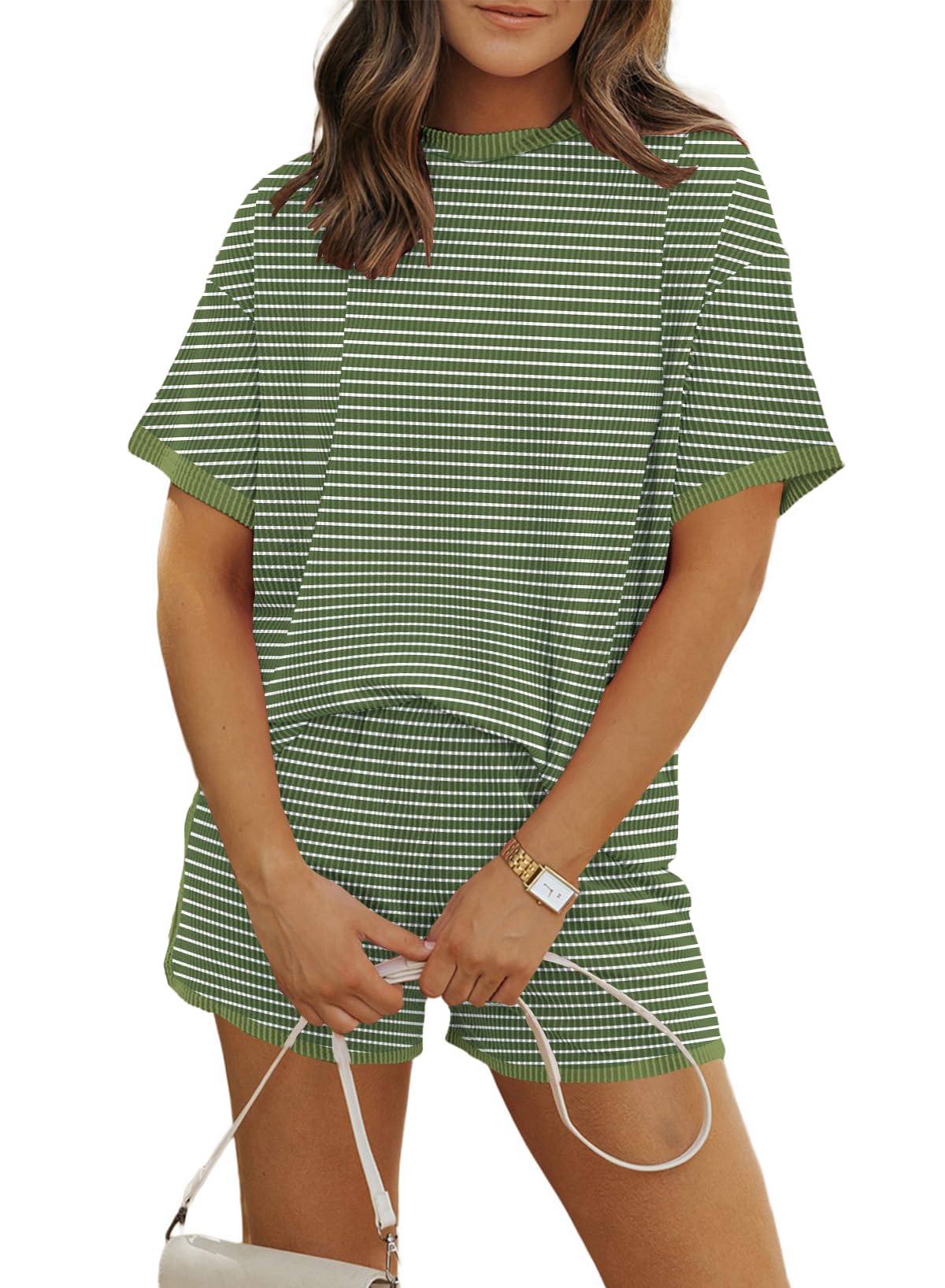 MARZXIN Women 2 Piece Shorts Set 2026 Casual Summer Cruise Outfits Ribbed Loose Short Sleeve Pocket Matching Lounge Sets