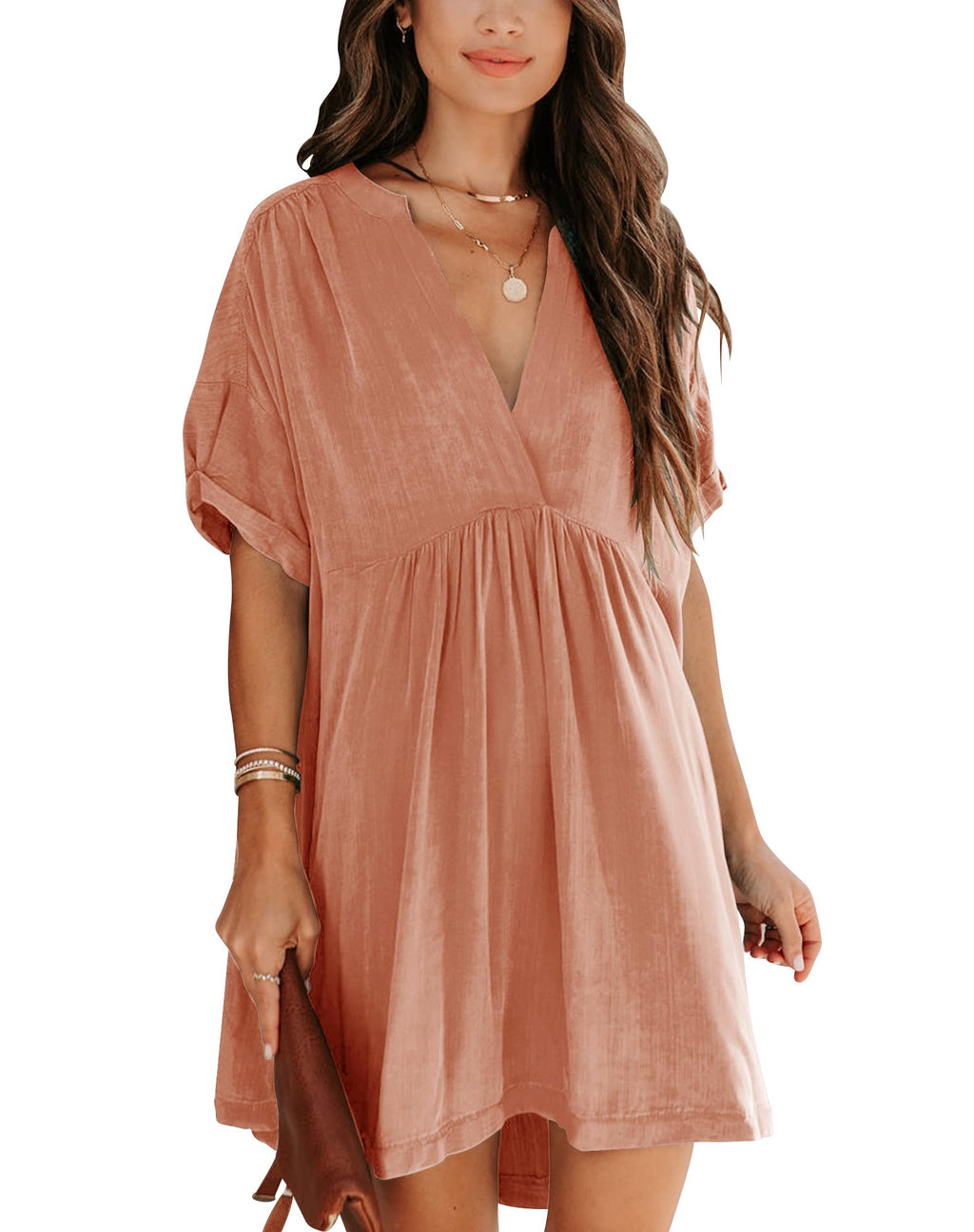 Minclouse Women's Babydoll Short Sleeve Tunic Dress V Neck Cute Casual Loose Dresses
