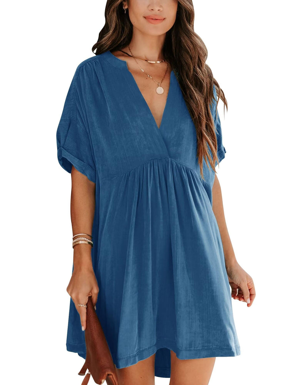 Minclouse Women's Babydoll Short Sleeve Tunic Dress V Neck Cute Casual Loose Dresses