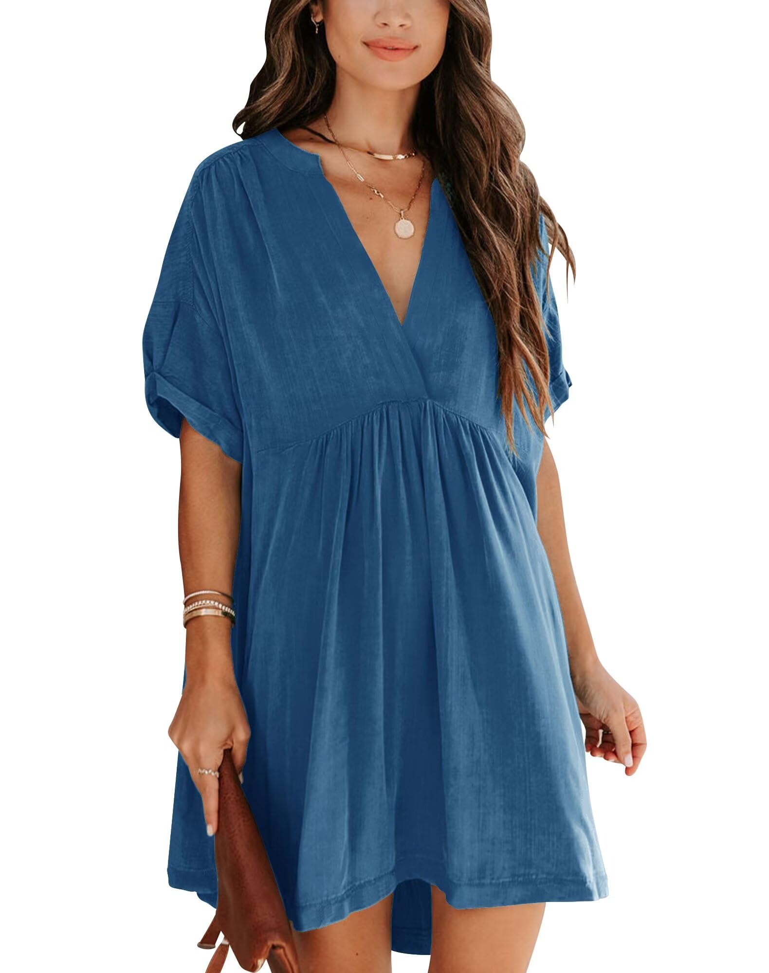 Minclouse Women's Babydoll Short Sleeve Tunic Dress V Neck Cute Casual Loose Dresses