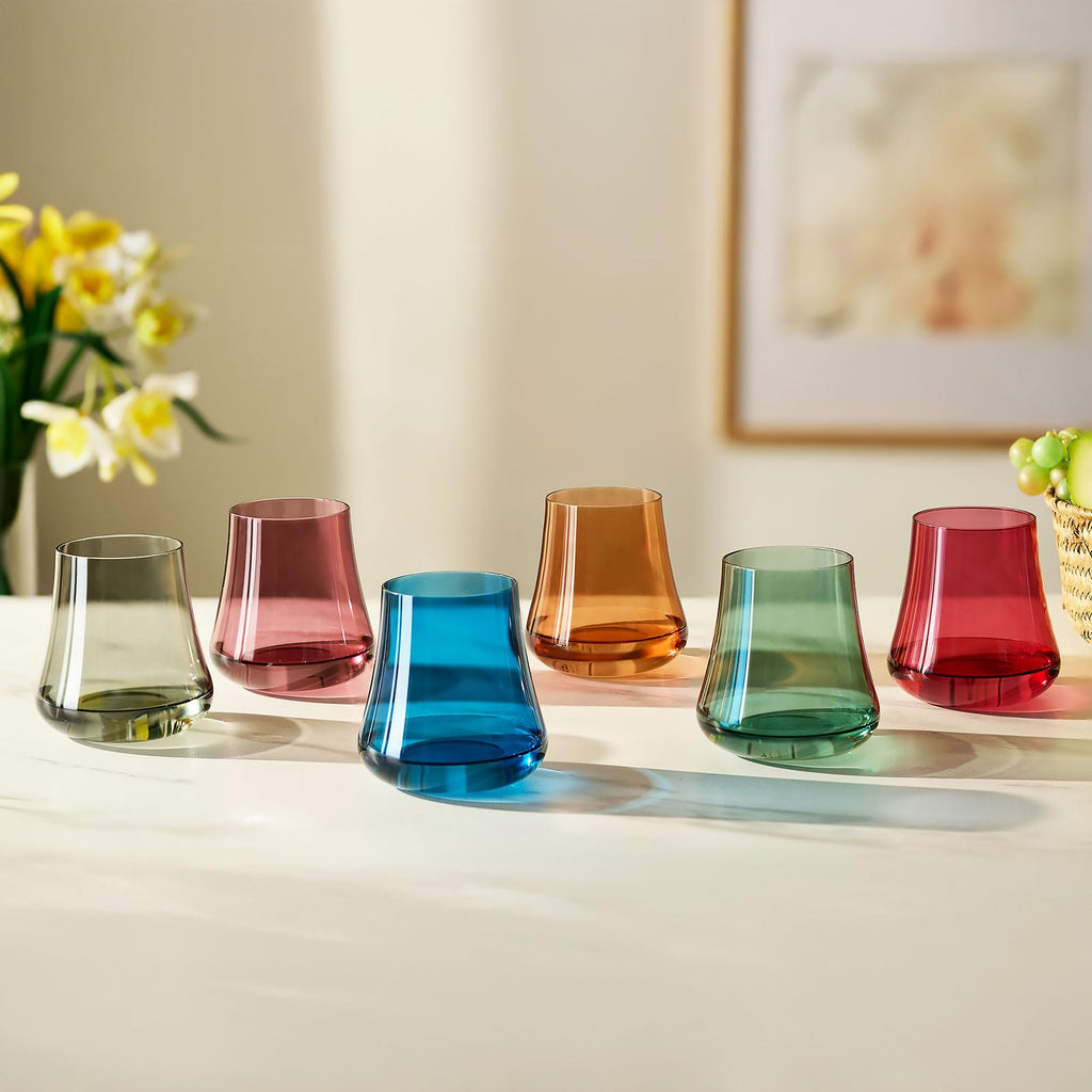 Stemmed Colored Wine Glasses: Set of 6 Cute 13.5oz Hand Blown Crystal Wine Glass with Long Stem for Birthday Party Fall Christmas Dinner Wedding Registry Gifts