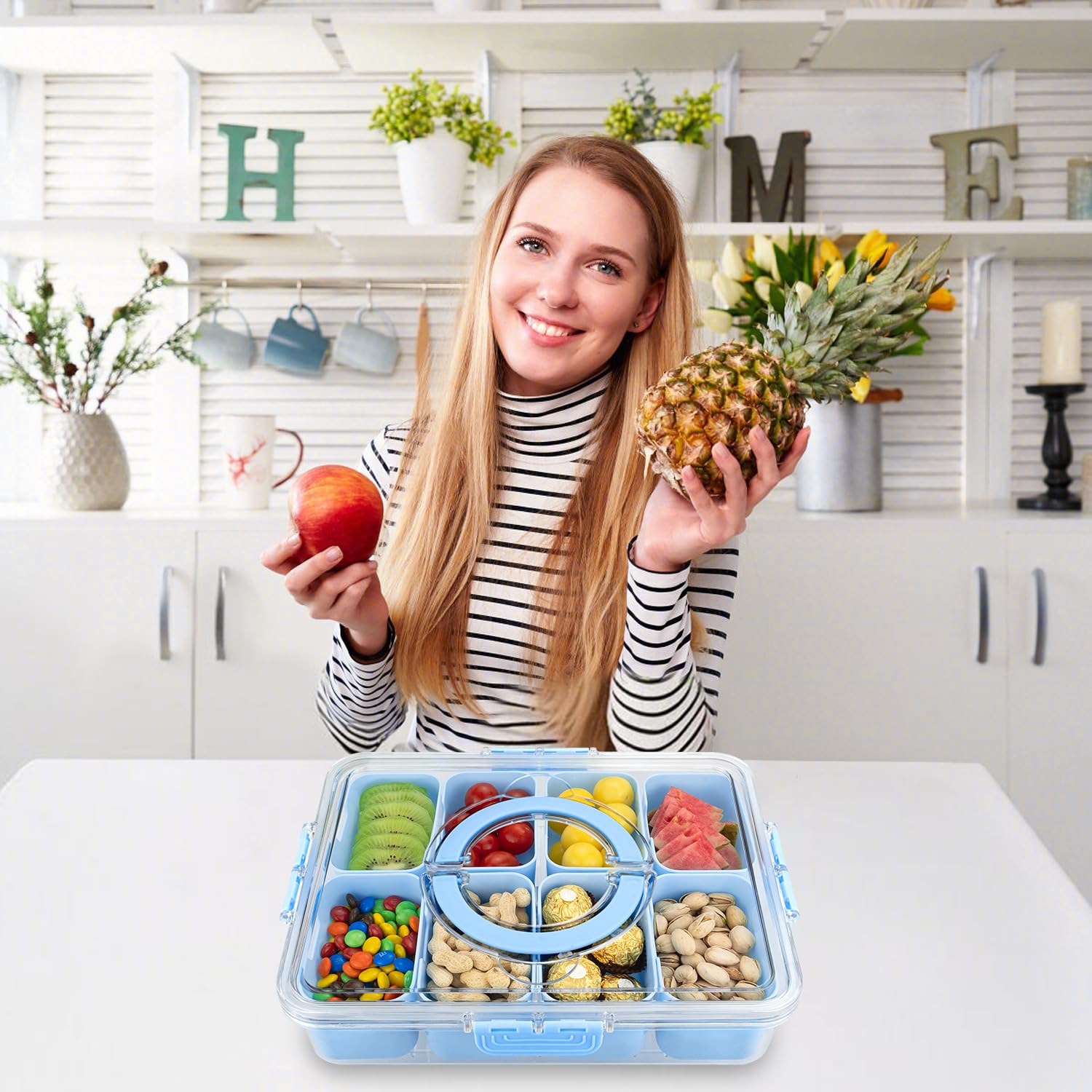 HRXFOZ Divided Serving Tray with Lid and Handle,8 Compartments Snacks Box,Snack Fruit and Veggie Tray,Portable Platter for Candy Fruits Nuts Snack Party Entertaining Picnic (1 PCS)