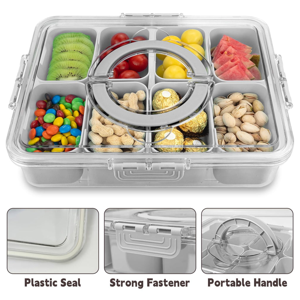 HRXFOZ Divided Serving Tray with Lid and Handle,8 Compartments Snacks Box,Snack Fruit and Veggie Tray,Portable Platter for Candy Fruits Nuts Snack Party Entertaining Picnic (1 PCS)