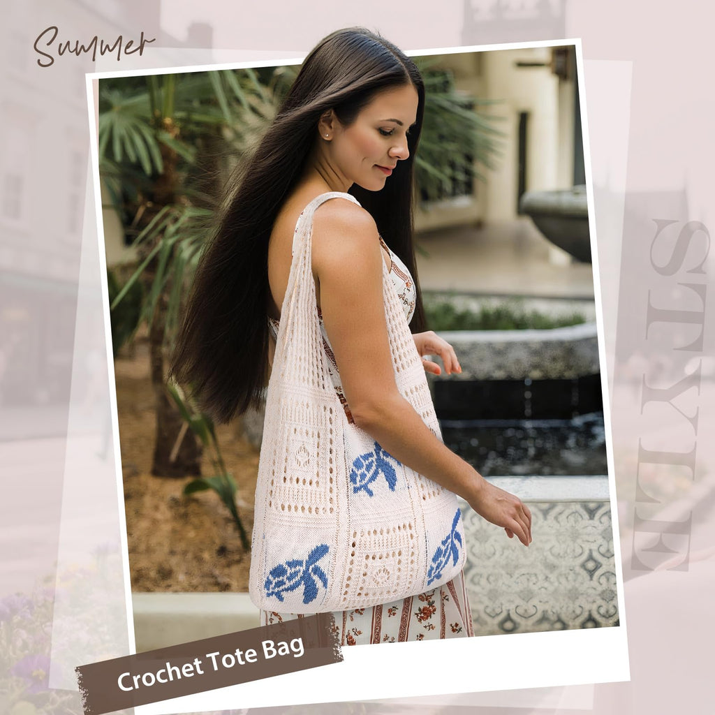 Sightor Crochet Tote Bag, Mesh Beach Bag Knit Summer Hobo Bag Vacation Boho Tote Bag for Women