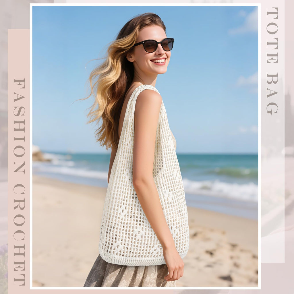 Sightor Crochet Tote Bag, Mesh Beach Bag Knit Summer Hobo Bag Vacation Boho Tote Bag for Women