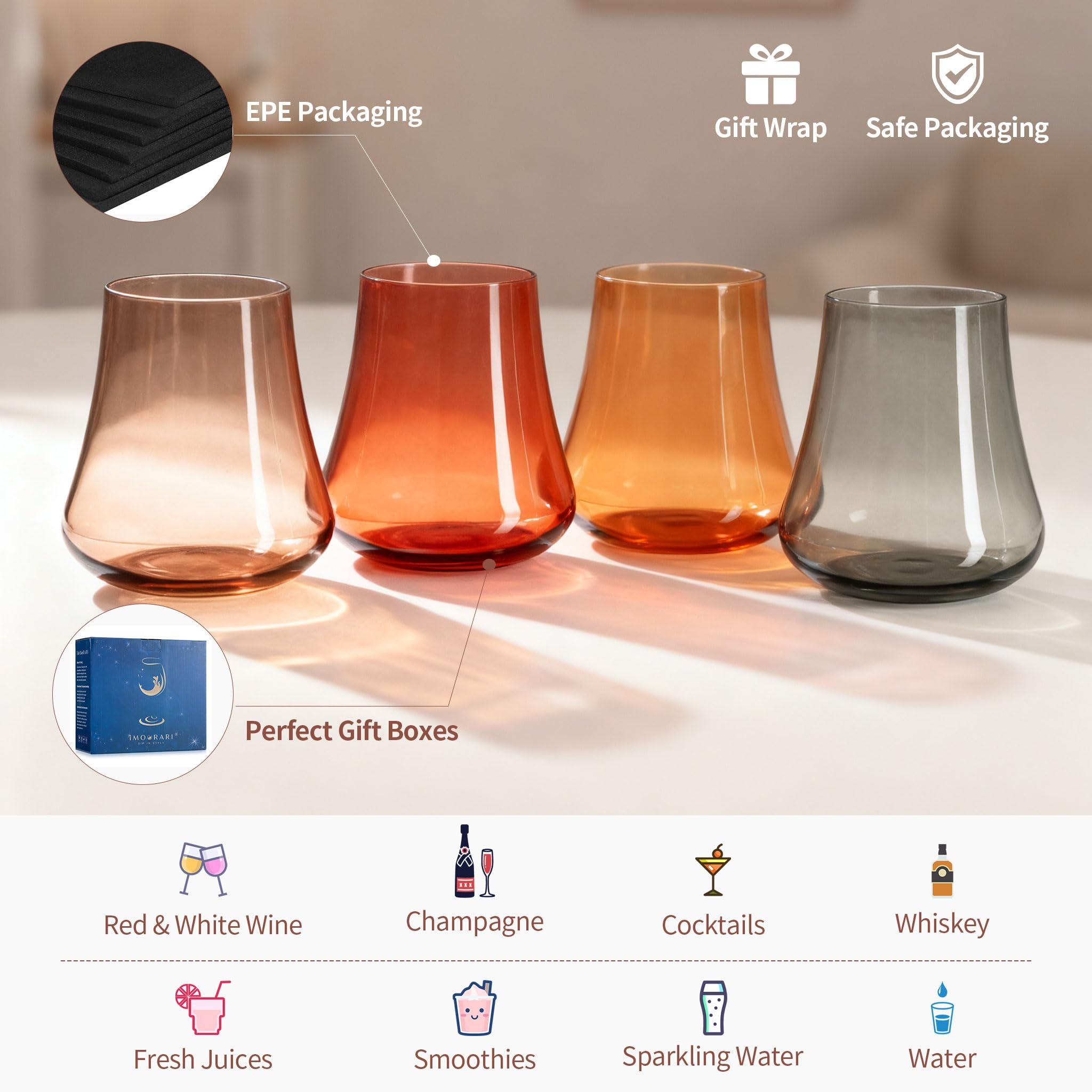 Stemmed Colored Wine Glasses: Set of 6 Cute 13.5oz Hand Blown Crystal Wine Glass with Long Stem for Birthday Party Fall Christmas Dinner Wedding Registry Gifts