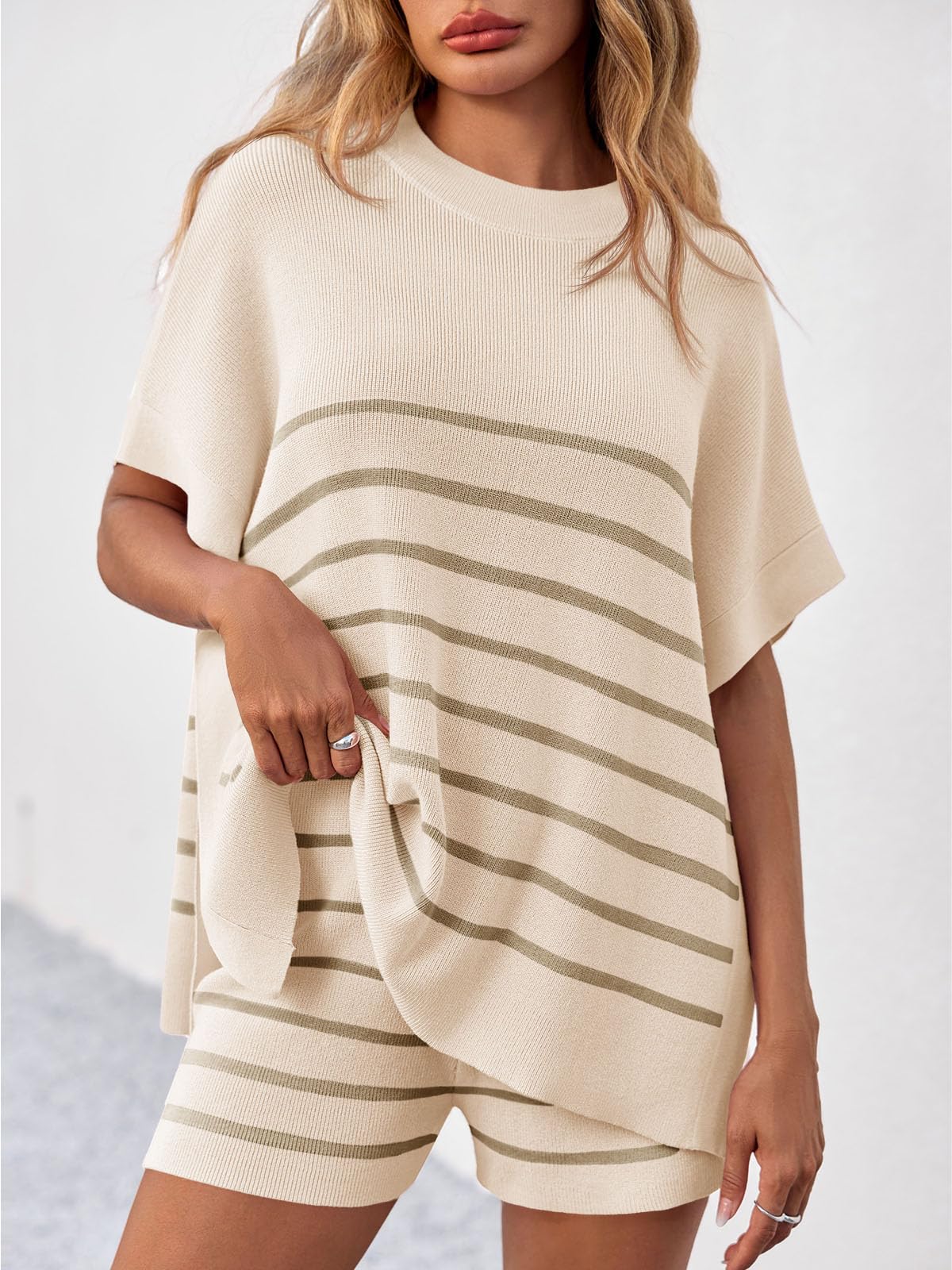 Fisoew Women's Striped 2 Piece Outfits Oversized Batwing Short Sleeve Tops High Waisted Shorts Summer Knit Lounge Short Sets