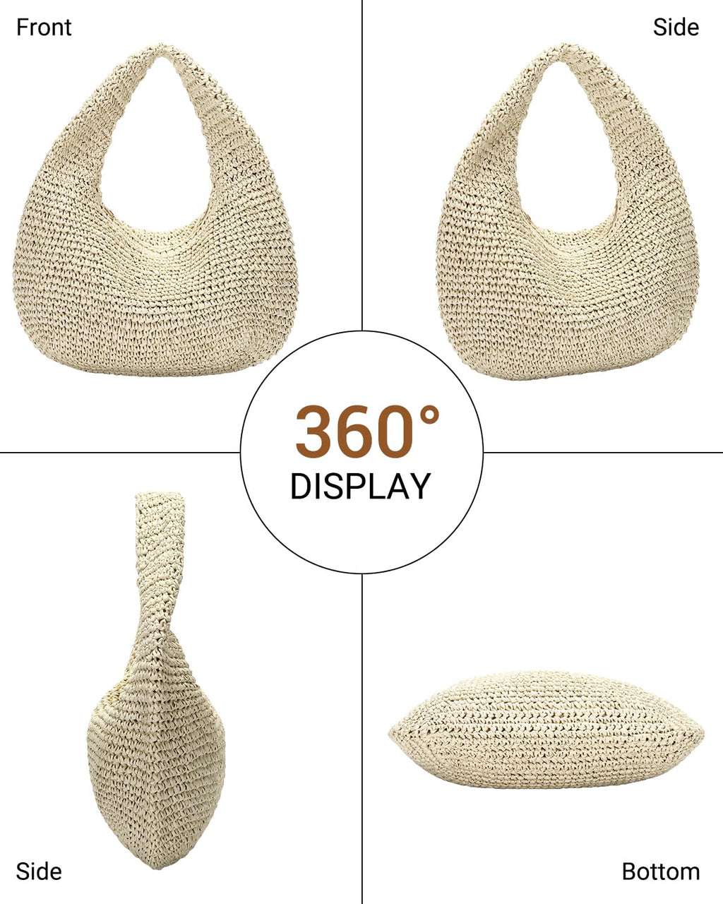 Herald Handmade Crescent Straw Bag for Women, Summer Beach Hobo Raffia Woven Underarm Shoulder Handbag Purse Tote