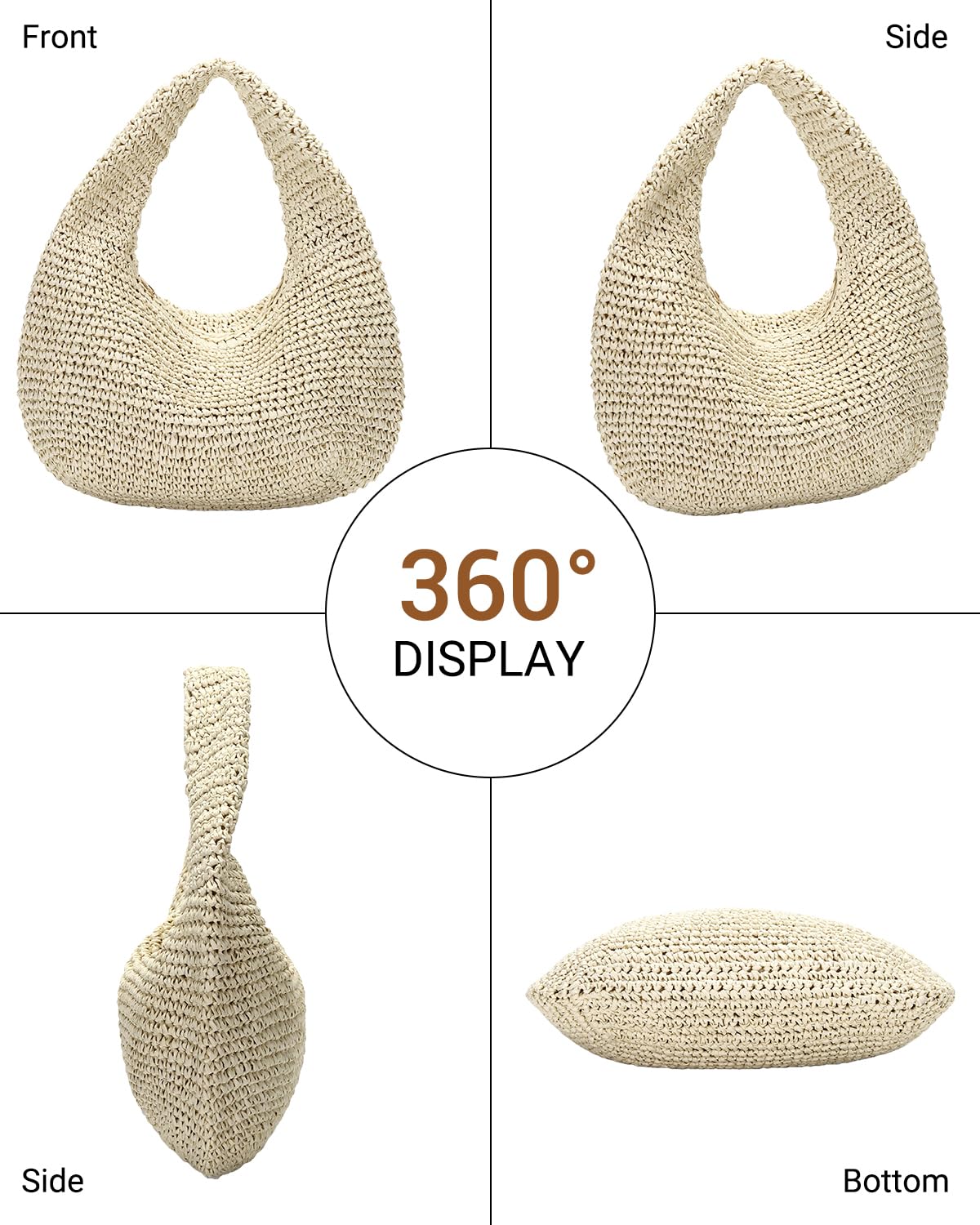 Herald Handmade Crescent Straw Bag for Women, Summer Beach Hobo Raffia Woven Underarm Shoulder Handbag Purse Tote