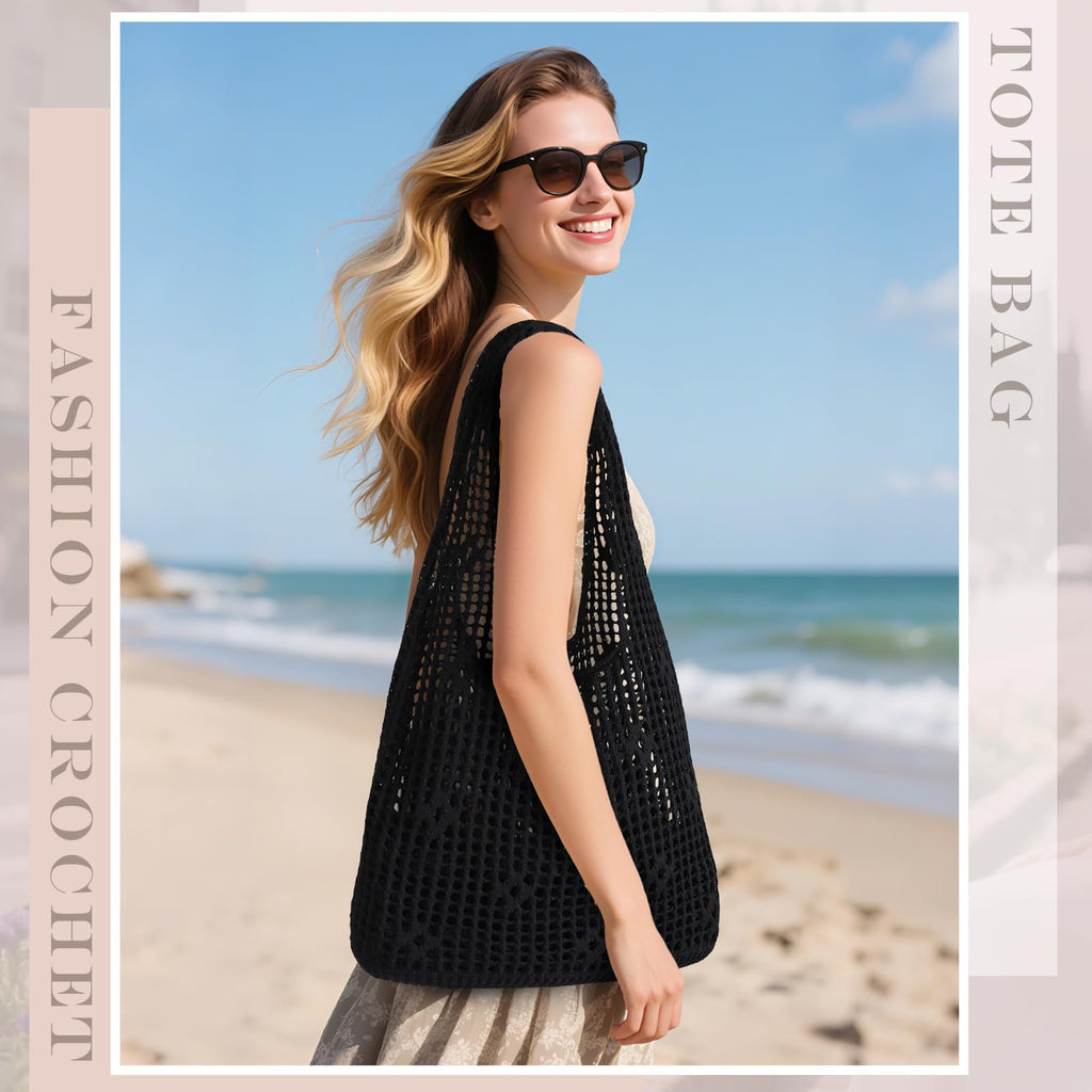 Sightor Crochet Tote Bag, Mesh Beach Bag Knit Summer Hobo Bag Vacation Boho Tote Bag for Women