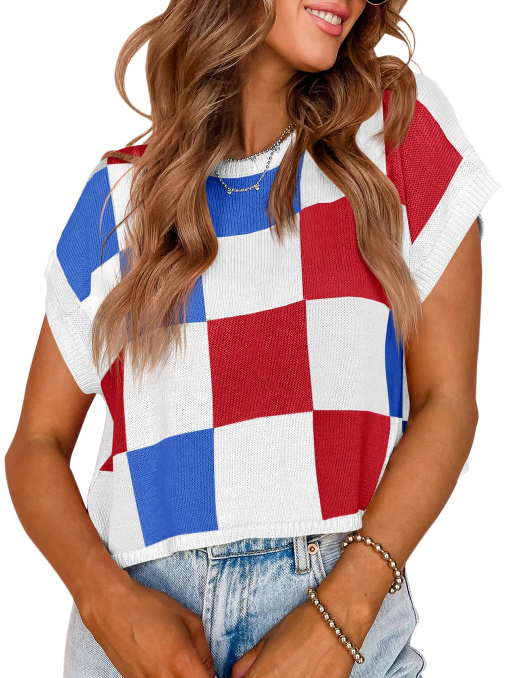 Saodimallsu Womens Cap Sleeve Crop Tops Summer Color Block Going Out Crew Neck Knit Trendy Casual Sweater