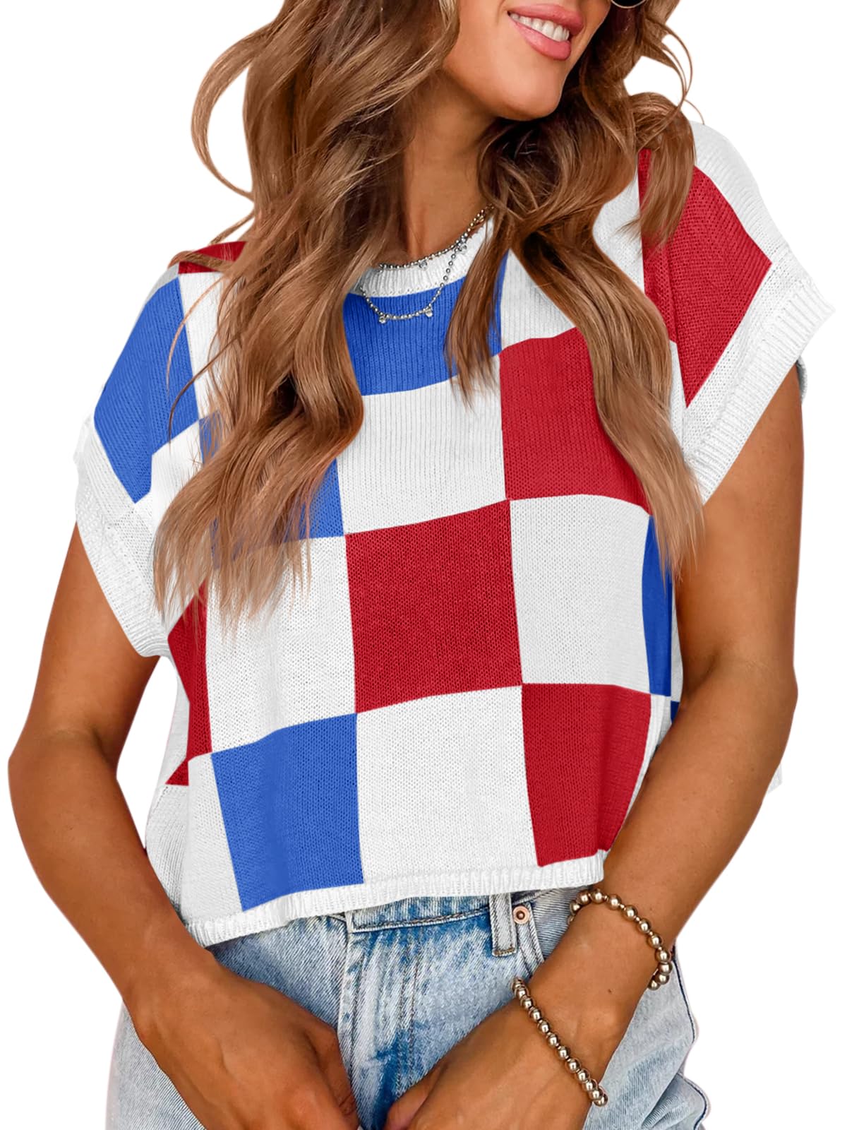 Saodimallsu Womens Cap Sleeve Crop Tops Summer Color Block Going Out Crew Neck Knit Trendy Casual Sweater