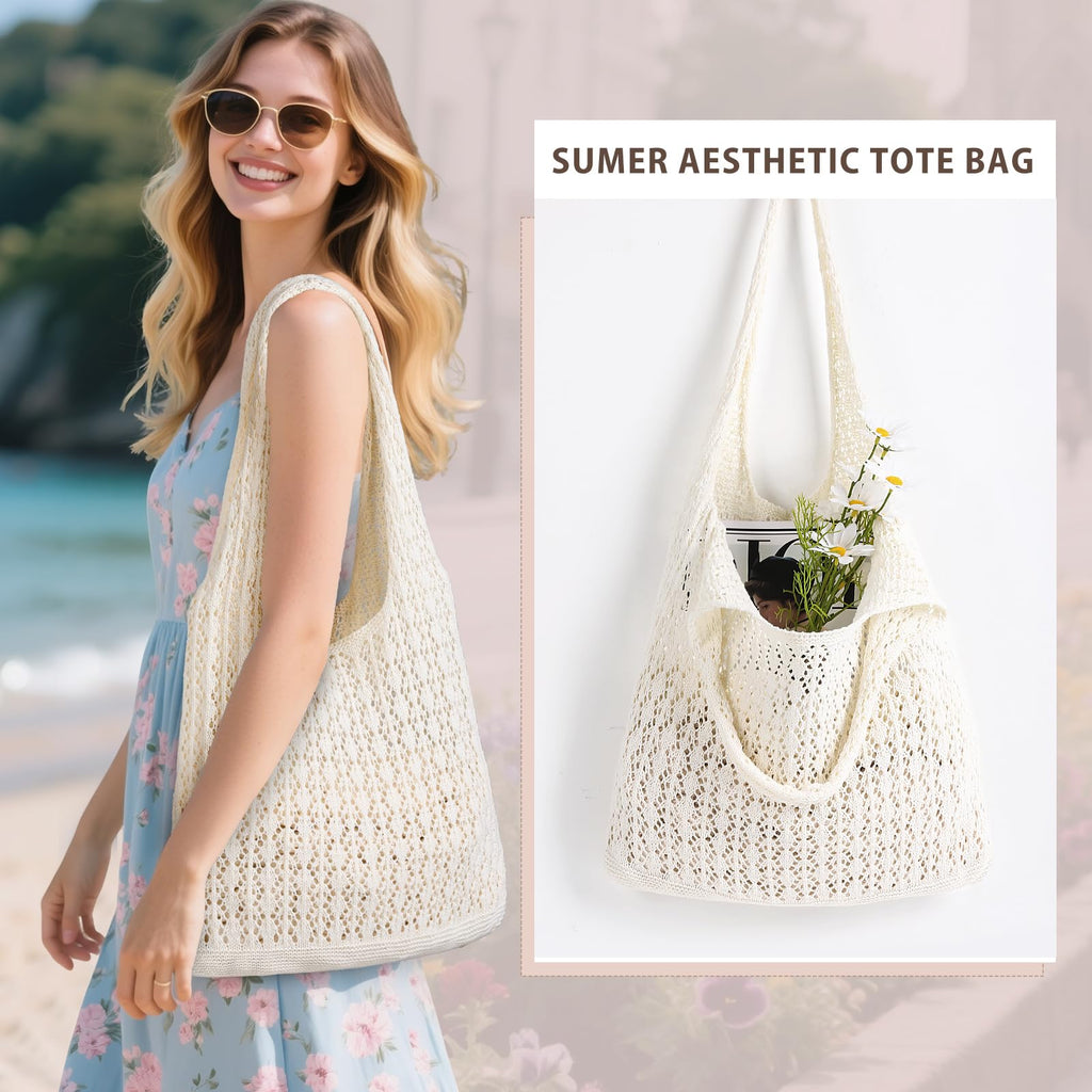 Sightor Crochet Tote Bag, Mesh Beach Bag Knit Summer Hobo Bag Vacation Boho Tote Bag for Women