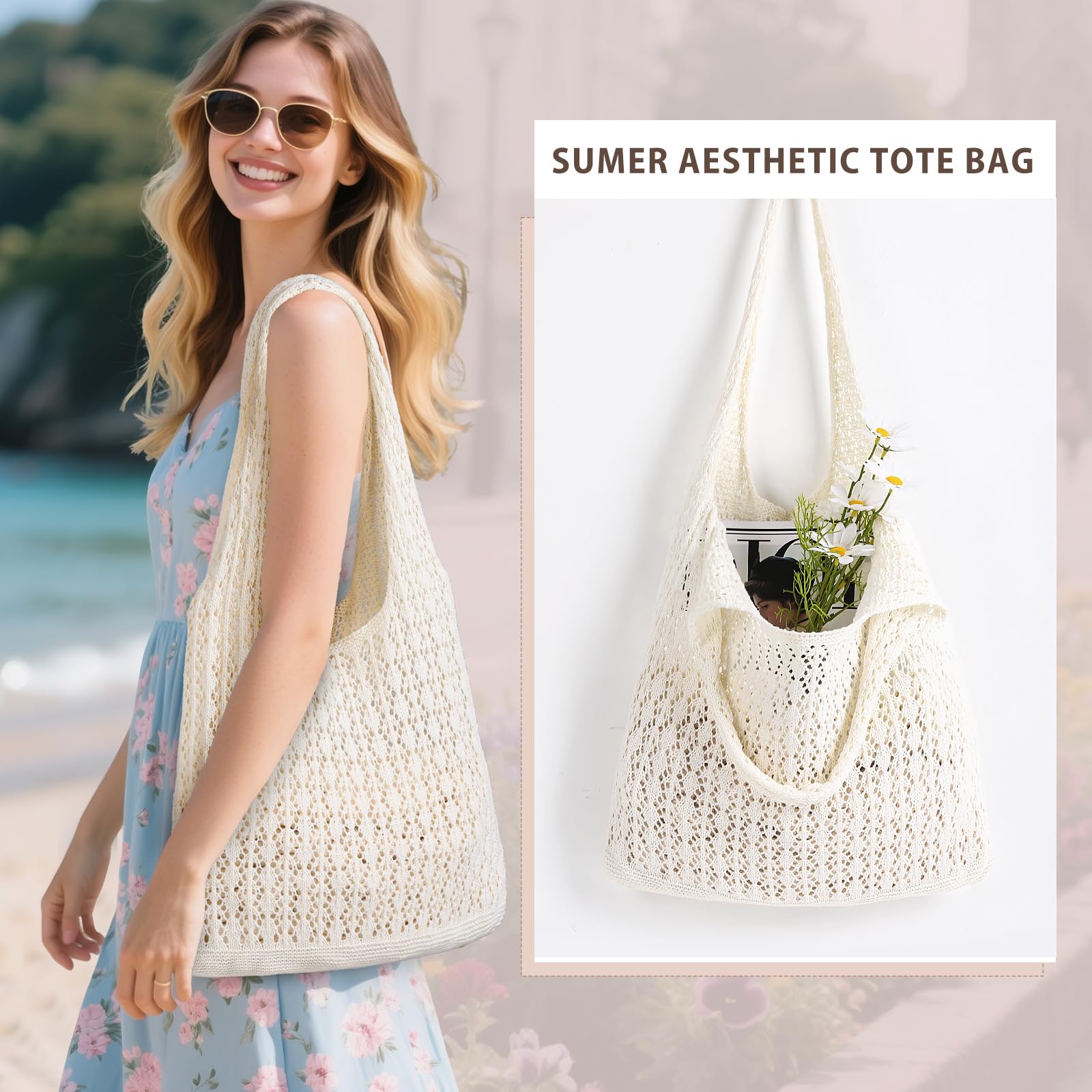 Sightor Crochet Tote Bag, Mesh Beach Bag Knit Summer Hobo Bag Vacation Boho Tote Bag for Women
