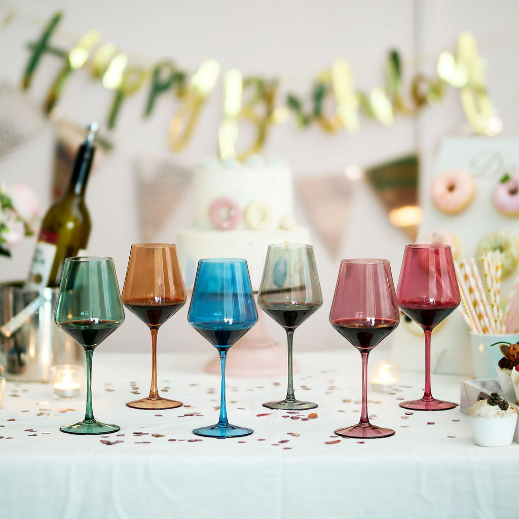 Stemmed Colored Wine Glasses: Set of 6 Cute 13.5oz Hand Blown Crystal Wine Glass with Long Stem for Birthday Party Fall Christmas Dinner Wedding Registry Gifts