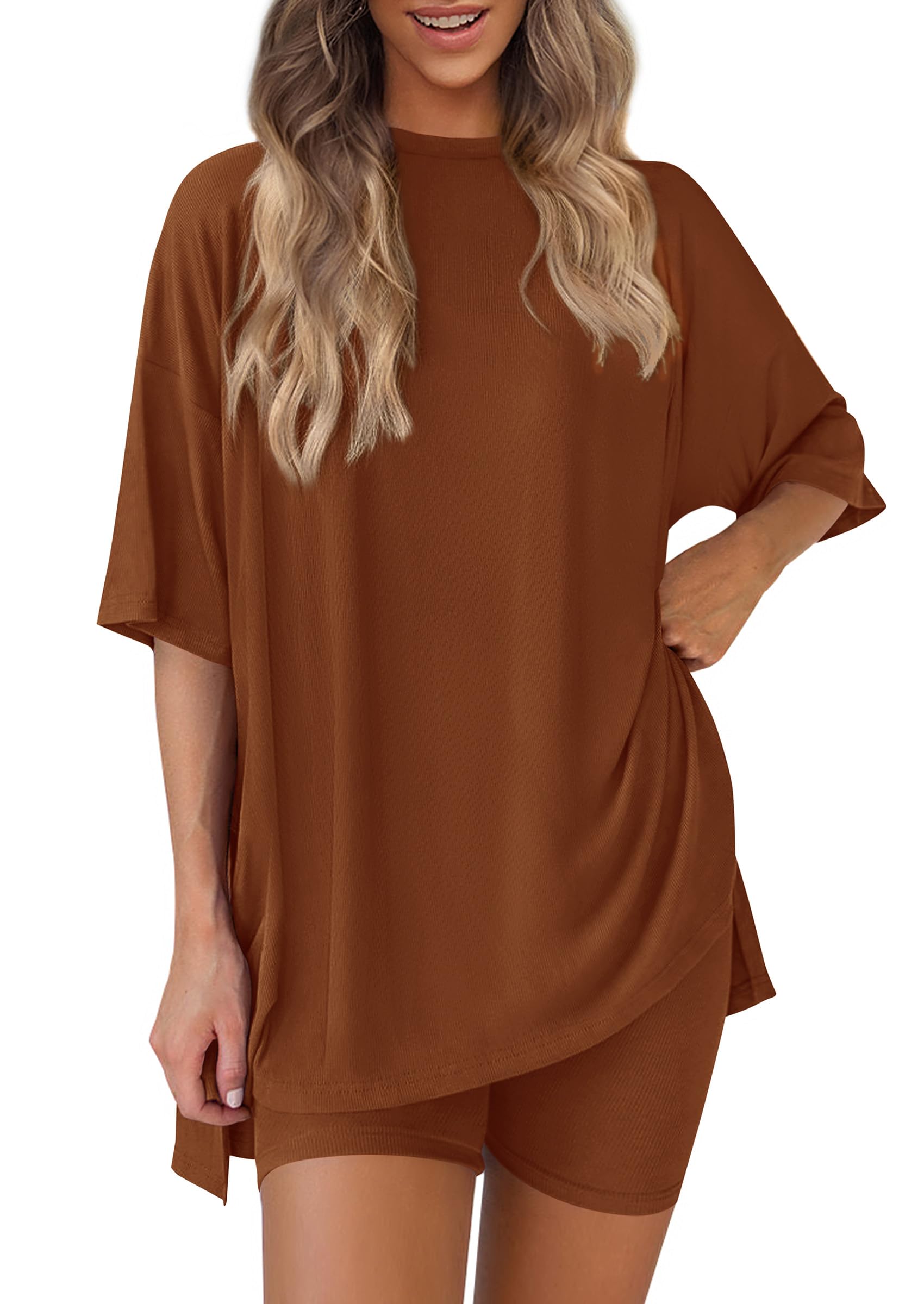 PRETTYGARDEN Women 2 Piece Lounge Set 2026 Summer Casual Oversized Shirts Biker Shorts Matching Airport Travel Outfit Clothes